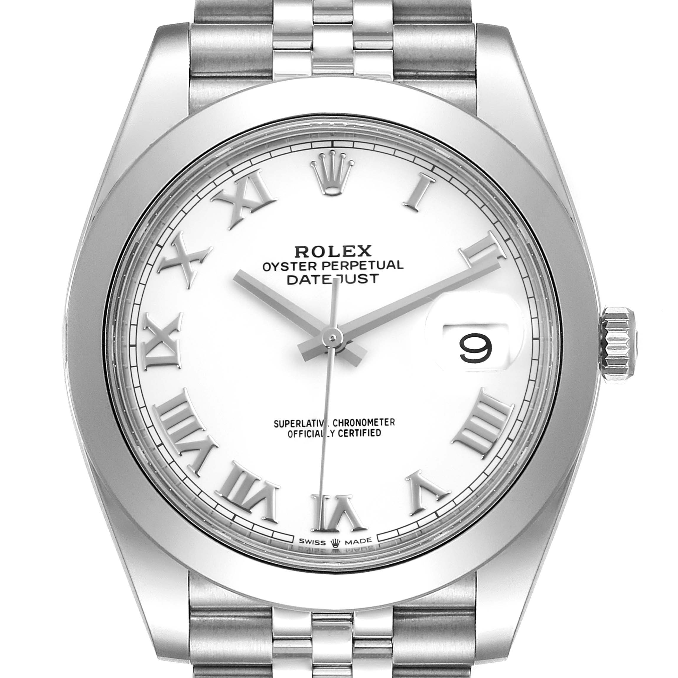The image shows a front view of the Rolex Datejust 41 126300 Men's Stainless Steel White Dial 126300 Men's Stainless Steel White Dial watch, highlighting the dial, bezel, bracelet, crown, and date window.