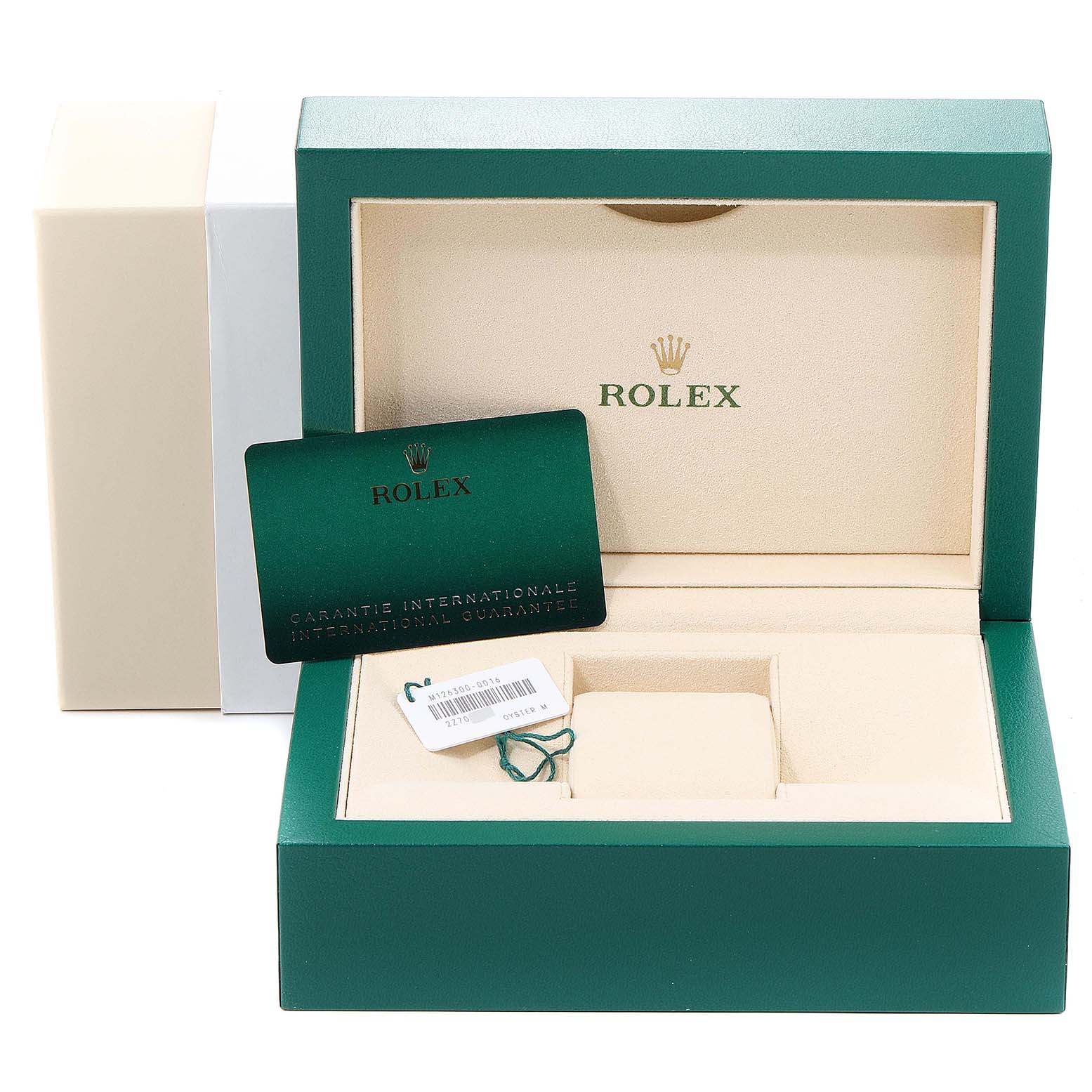 The image shows the packaging and accessories for a Rolex Datejust 41 126300 Men's Stainless Steel White Dial 126300 Men's Stainless Steel White Dial; included are a box, a guarantee card, and a tag.