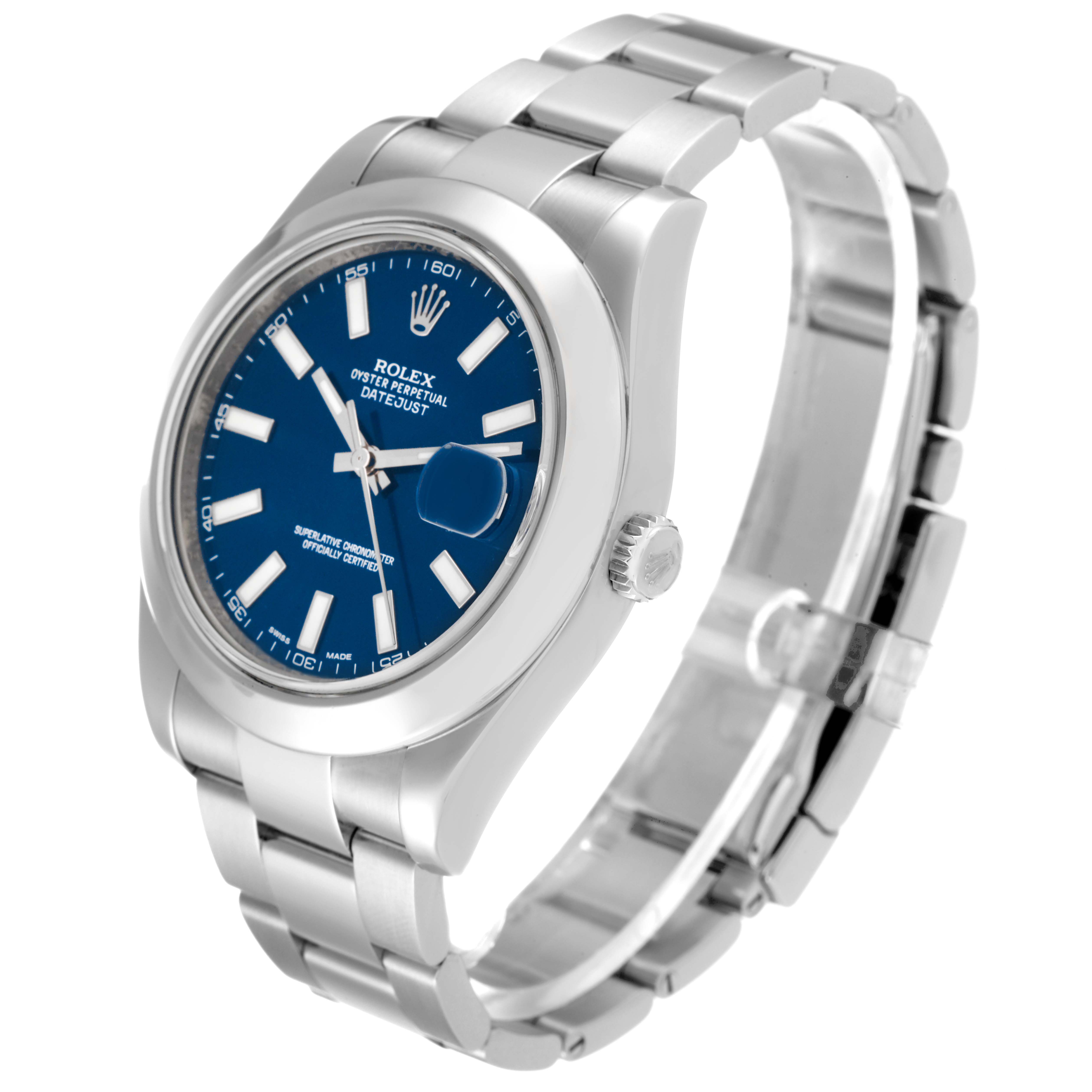 The image shows a Rolex Datejust 41 116300 Men
s Stainless Steel Blue Dial 116300 Men
s Stainless Steel Blue Dial model watch at an angled side view, highlighting its blue dial, oyster bracelet, and crown.