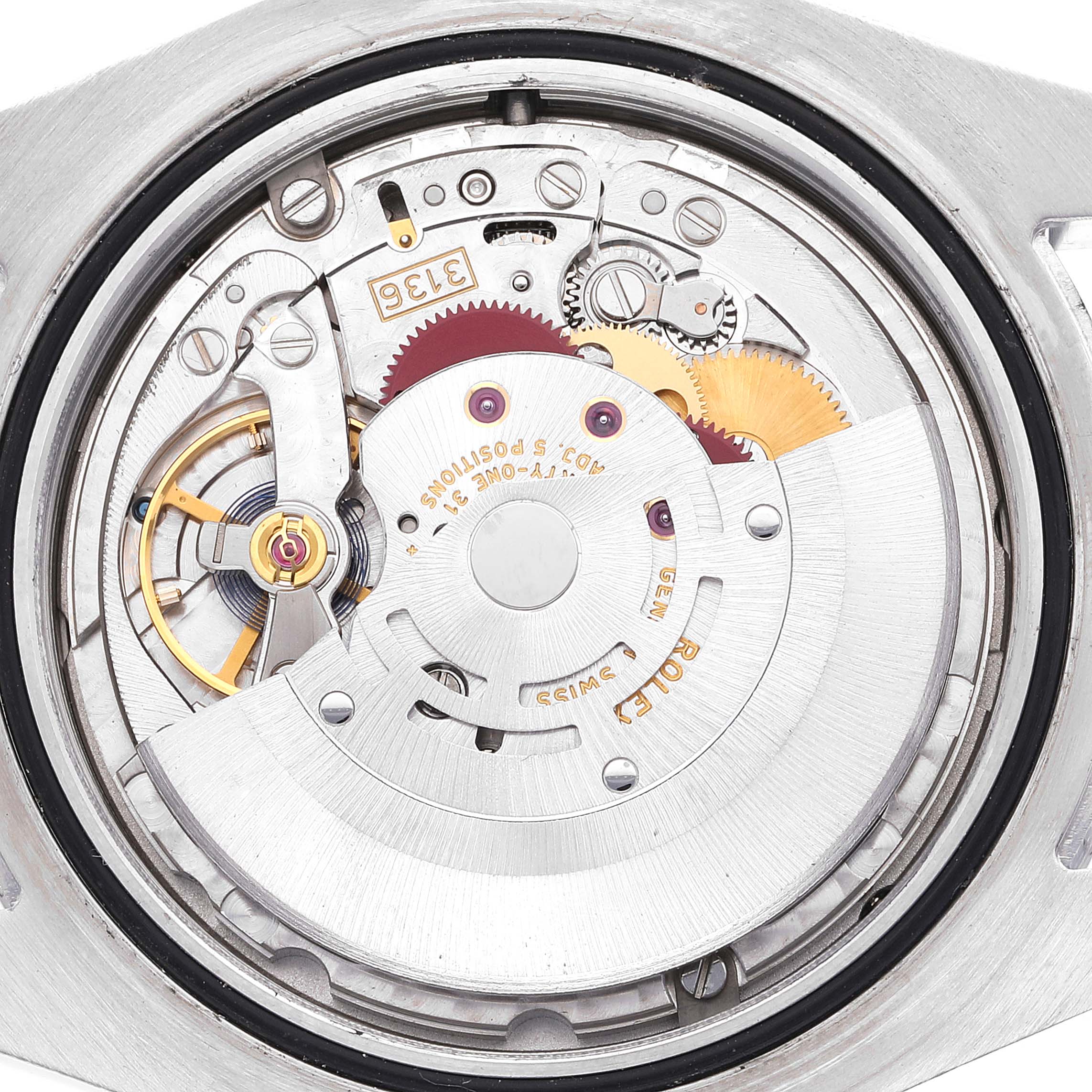 The image shows the internal movement mechanism of a Rolex Datejust 41 116300 Men
s Stainless Steel Blue Dial 116300 Men
s Stainless Steel Blue Dial model from a top-down view.