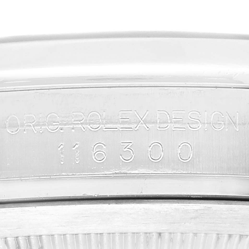 This image shows the model number engraving on the case side of a Rolex Datejust 41 116300 Men
s Stainless Steel Blue Dial 116300 Men
s Stainless Steel Blue Dial watch.