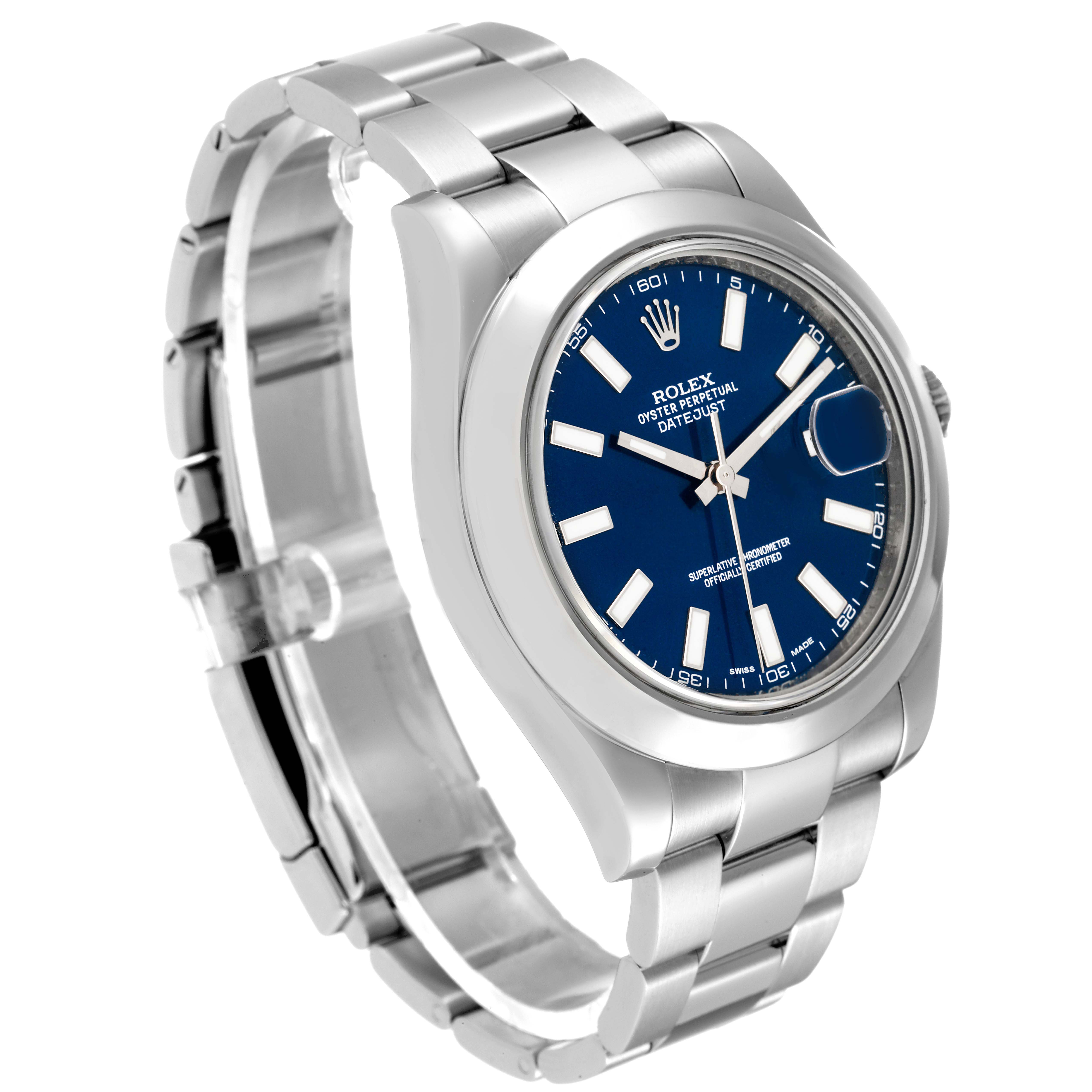 The Rolex Datejust 41 116300 Men
s Stainless Steel Blue Dial 116300 Men
s Stainless Steel Blue Dial is shown at a three-quarter angle, highlighting its blue dial, stainless steel bracelet, and case.