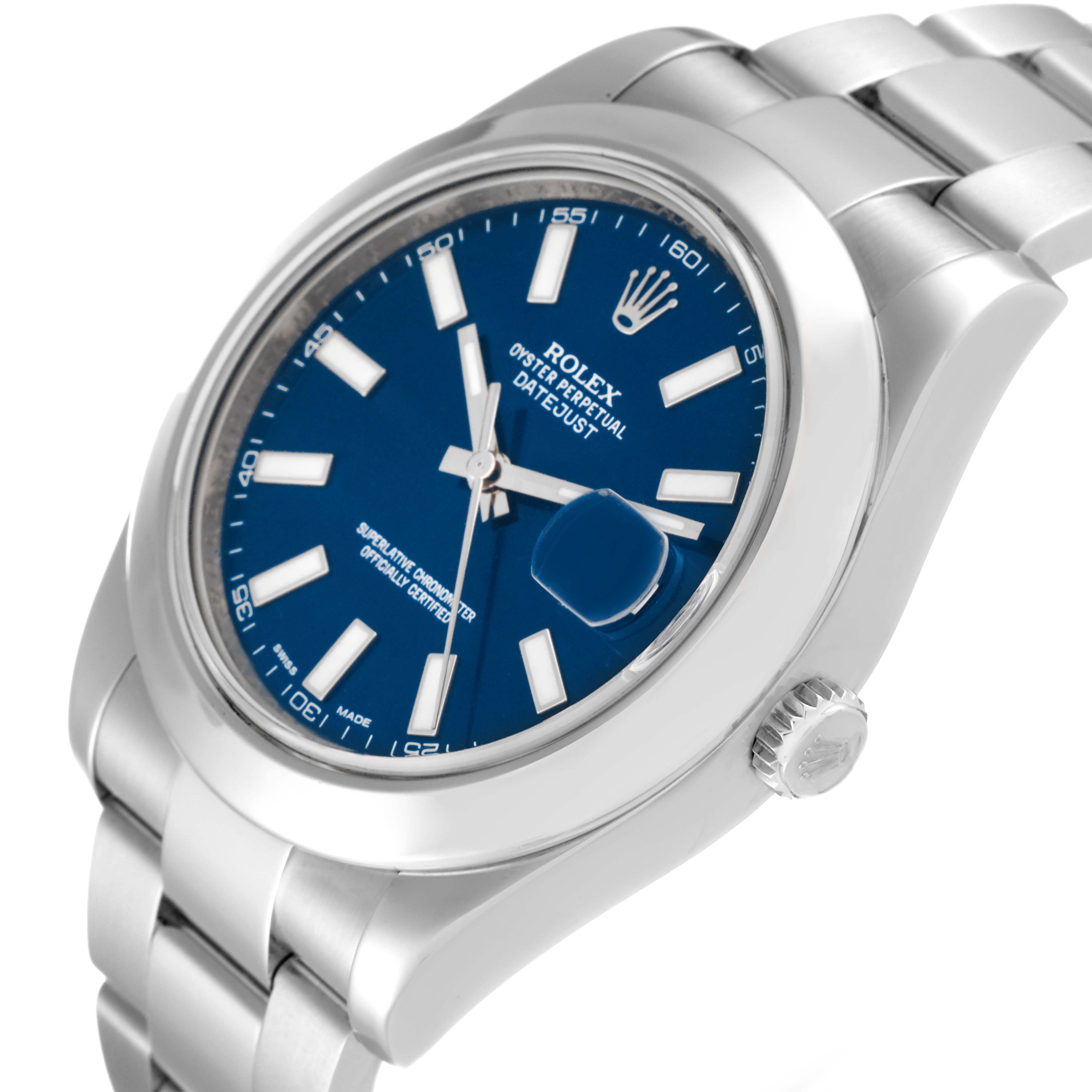 The image shows a close-up of the Rolex Datejust 41 116300 Men
s Stainless Steel Blue Dial 116300 Men
s Stainless Steel Blue Dial model, highlighting the blue dial, crown, and part of the bracelet from an angled perspective.