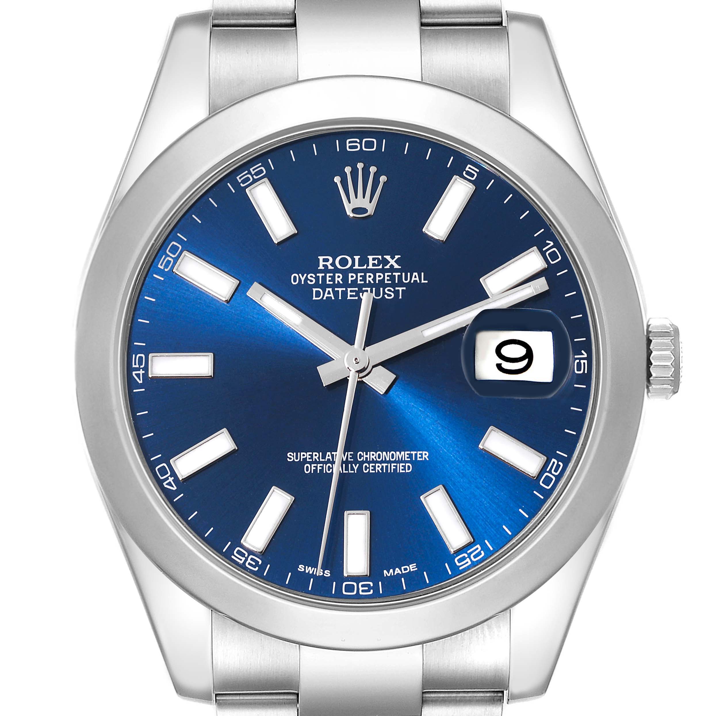The image shows a Rolex Datejust 41 116300 Men
s Stainless Steel Blue Dial 116300 Men
s Stainless Steel Blue Dial watch from a front view, highlighting its blue dial, date window, and silver bracelet.