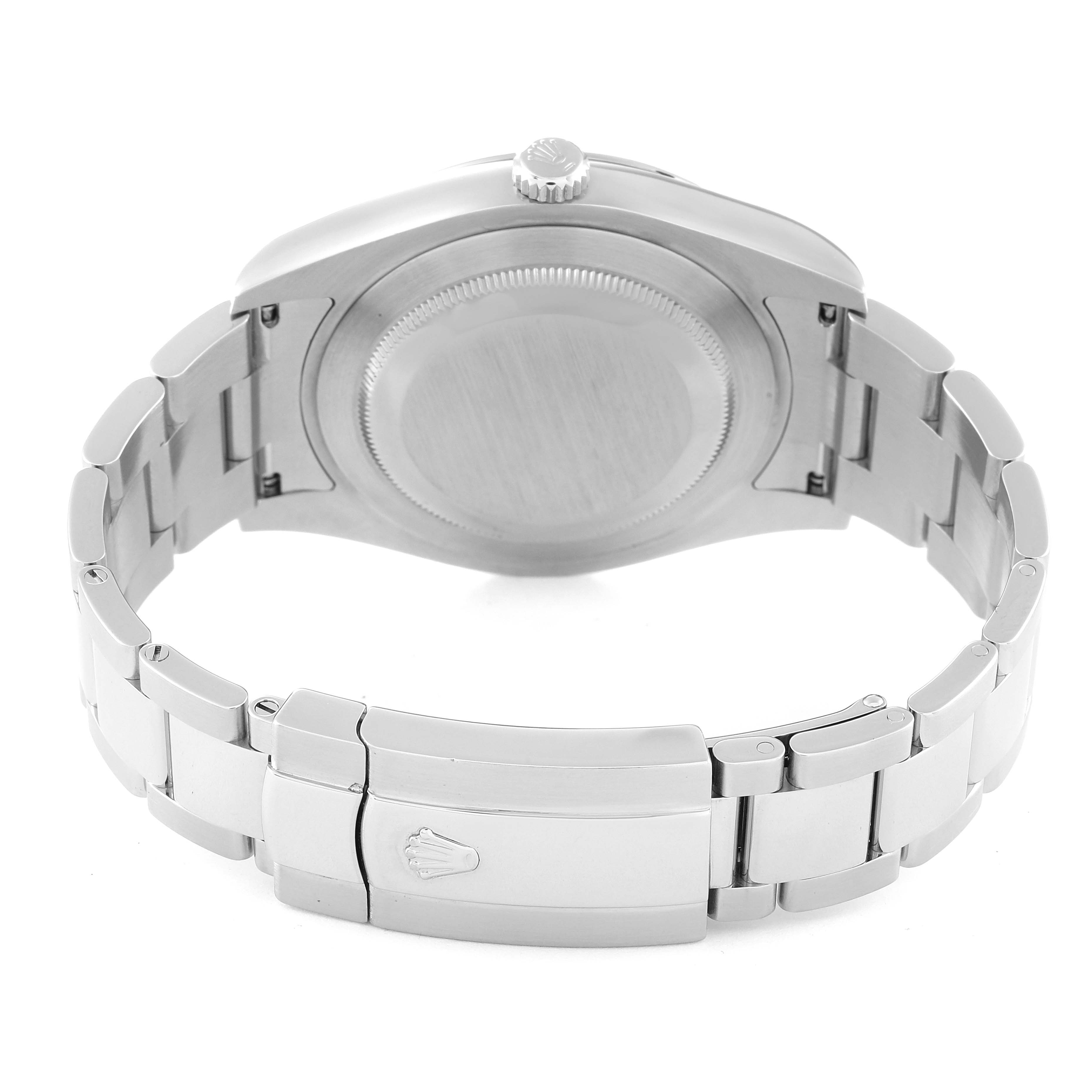 This image shows the back view of the Rolex Datejust 41 116300 Men
s Stainless Steel Blue Dial 116300 Men
s Stainless Steel Blue Dial watch, focusing on the case back and the bracelet with the clasp.