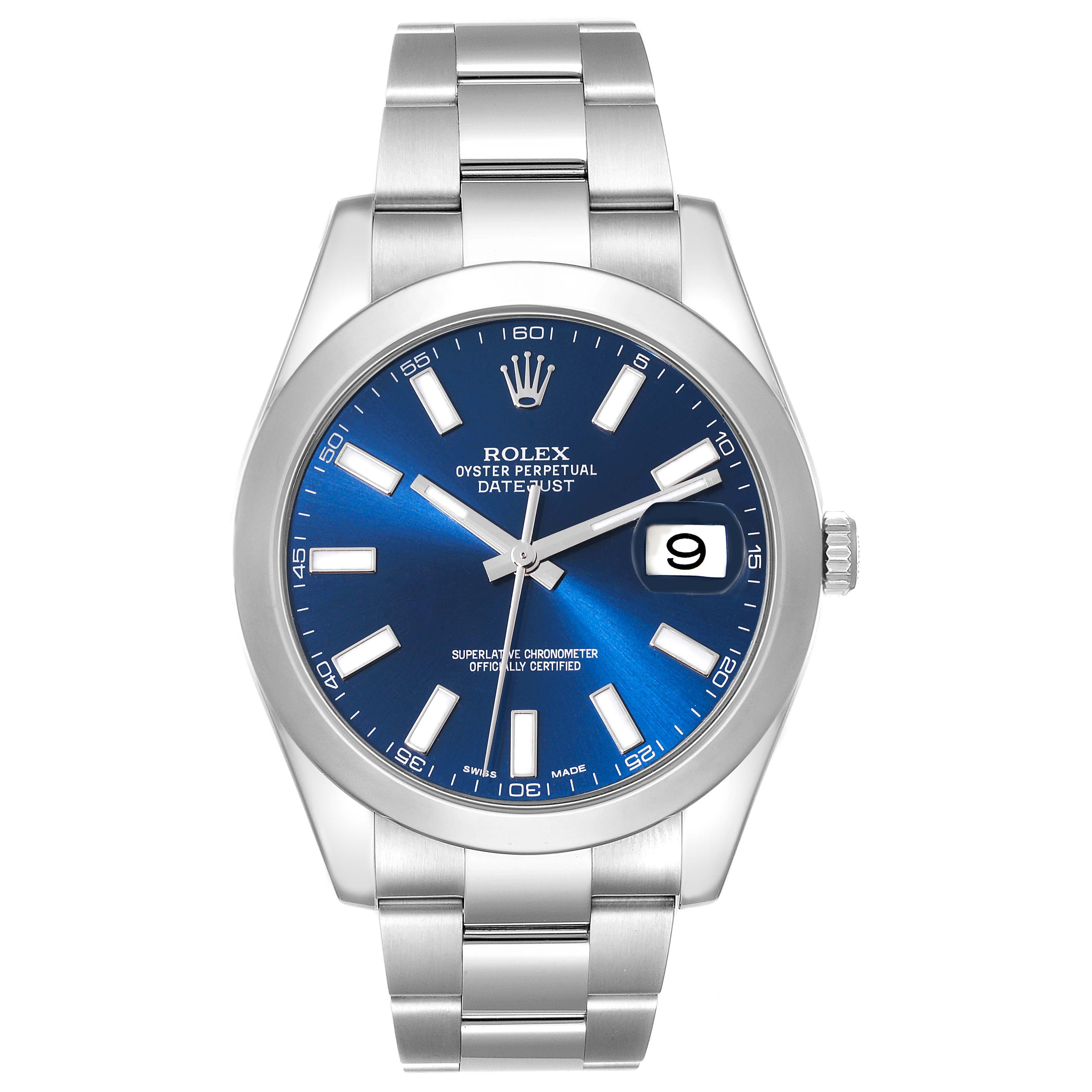 The Rolex Datejust 41 116300 Men
s Stainless Steel Blue Dial 116300 Men
s Stainless Steel Blue Dial watch is shown from a top-down angle, highlighting the blue dial, bezel, and bracelet.