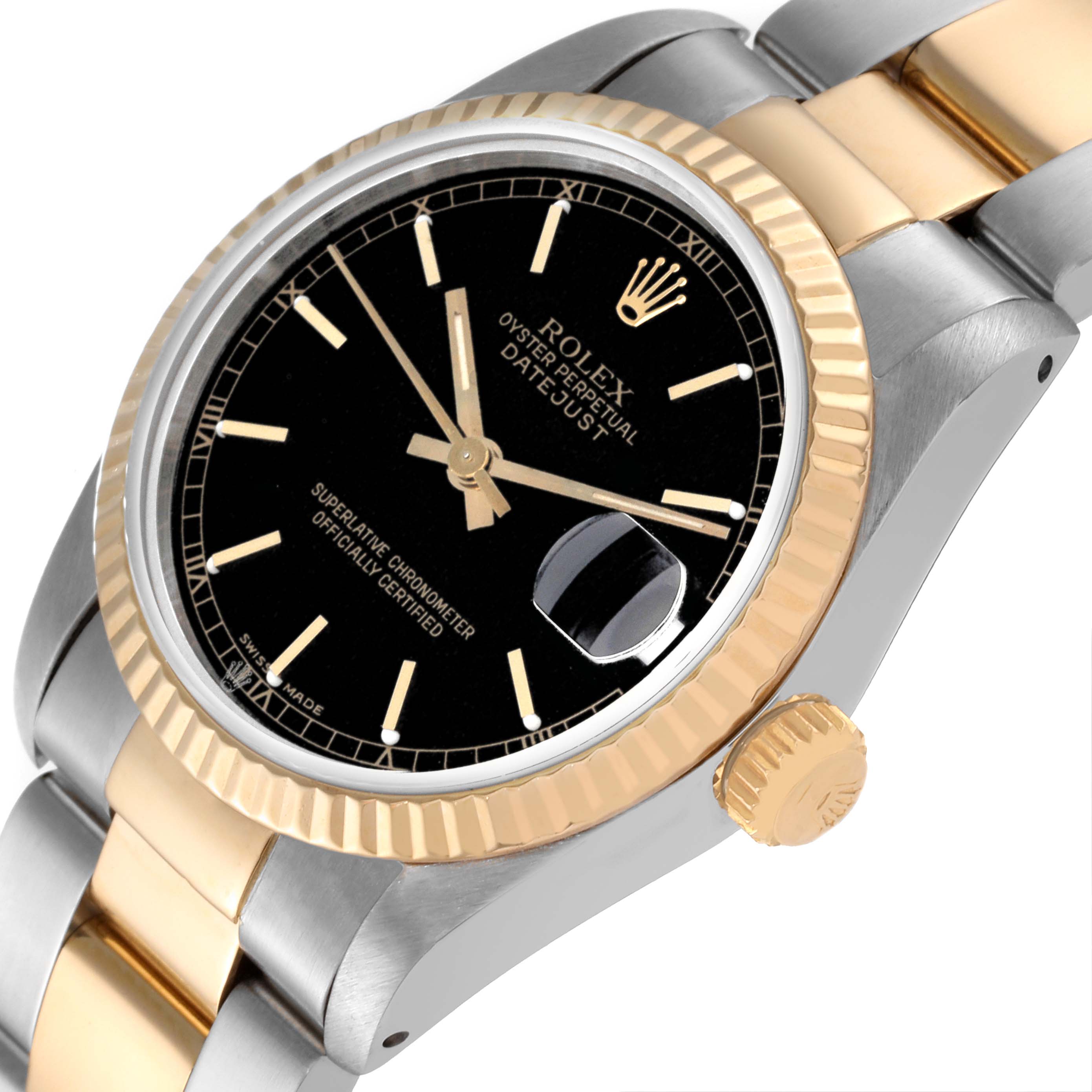 The Rolex Mid-Size 68273 Women's Steel and Gold (two tone) Black Dial 68273 Women's Steel and Gold (two tone) Black Dial Datejust watch is shown from an angled top-front view, highlighting the dial, bezel, and crown.