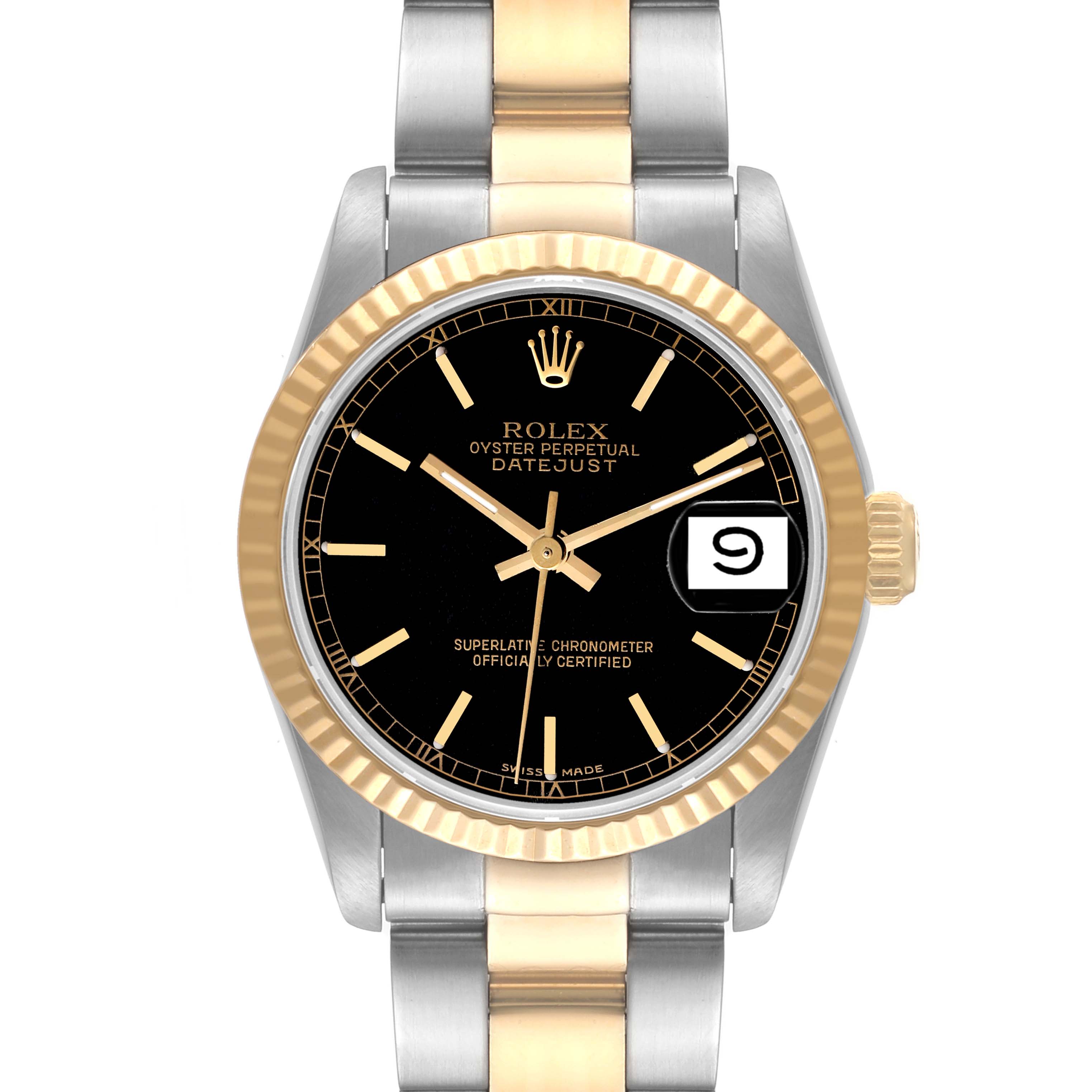 The image shows a front view of a Rolex Mid-Size 68273 Women's Steel and Gold (two tone) Black Dial 68273 Women's Steel and Gold (two tone) Black Dial Oyster Perpetual Datejust watch, displaying the dial, bezel, and bracelet.