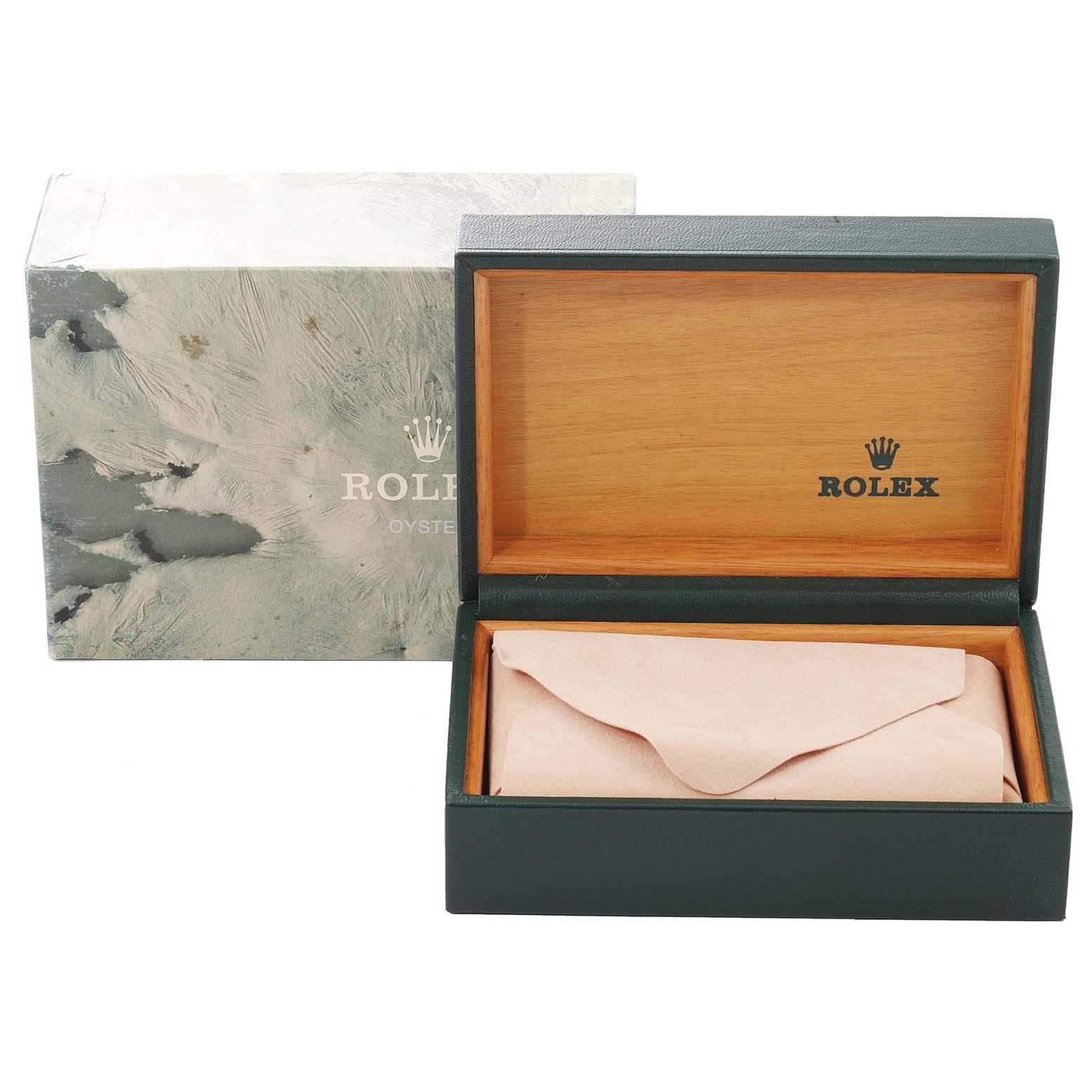 The image shows a Rolex Mid-Size 68273 Women's Steel and Gold (two tone) Black Dial 68273 Women's Steel and Gold (two tone) Black Dial watch box set, including an outer box, inner box, and watch pouch, viewed from the top.