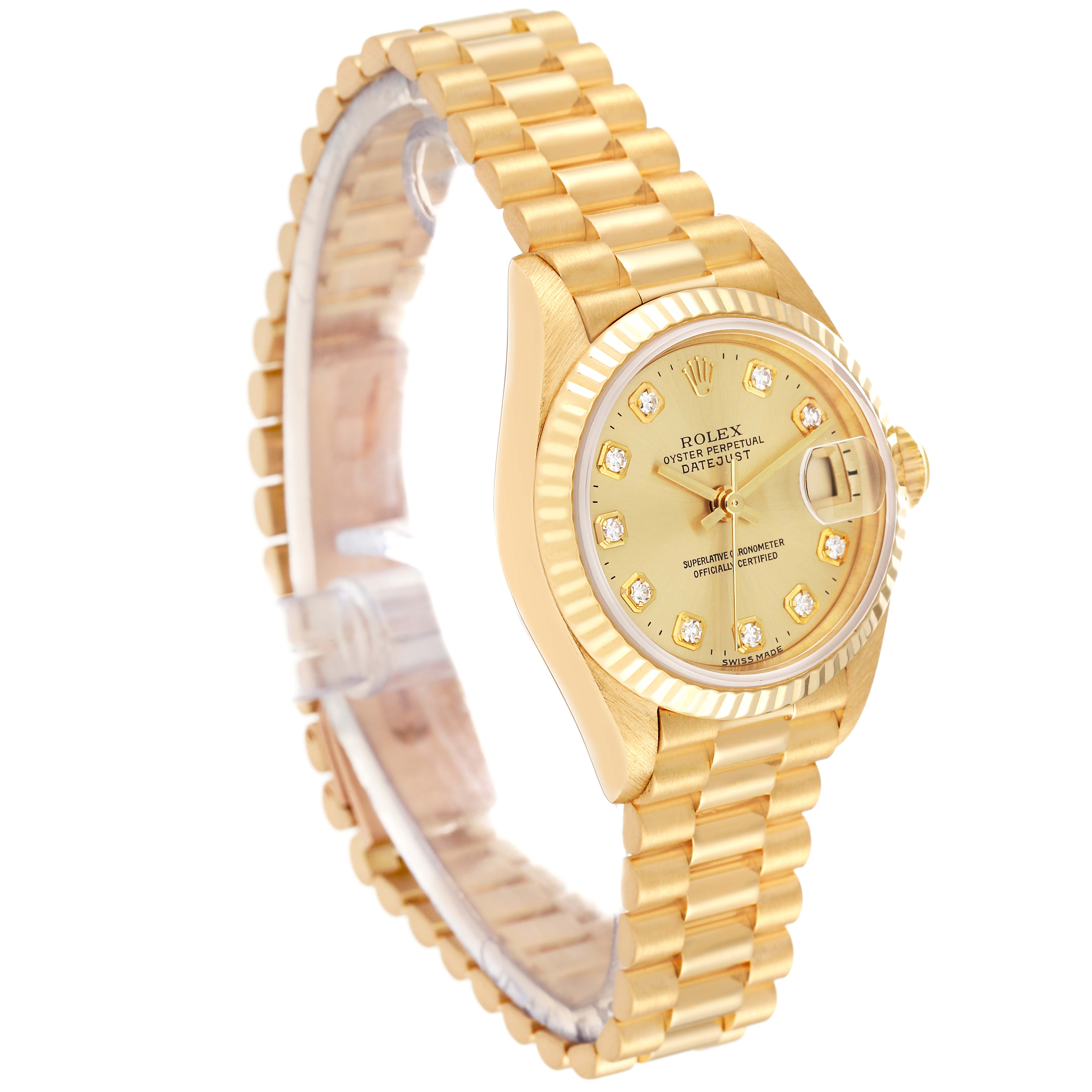 This image shows a side view of a gold Rolex President 69178 Women's Yellow Gold Champagne Dial 69178 Women's Yellow Gold Champagne Dial model watch, highlighting the bracelet, case, dial, and fluted bezel.
