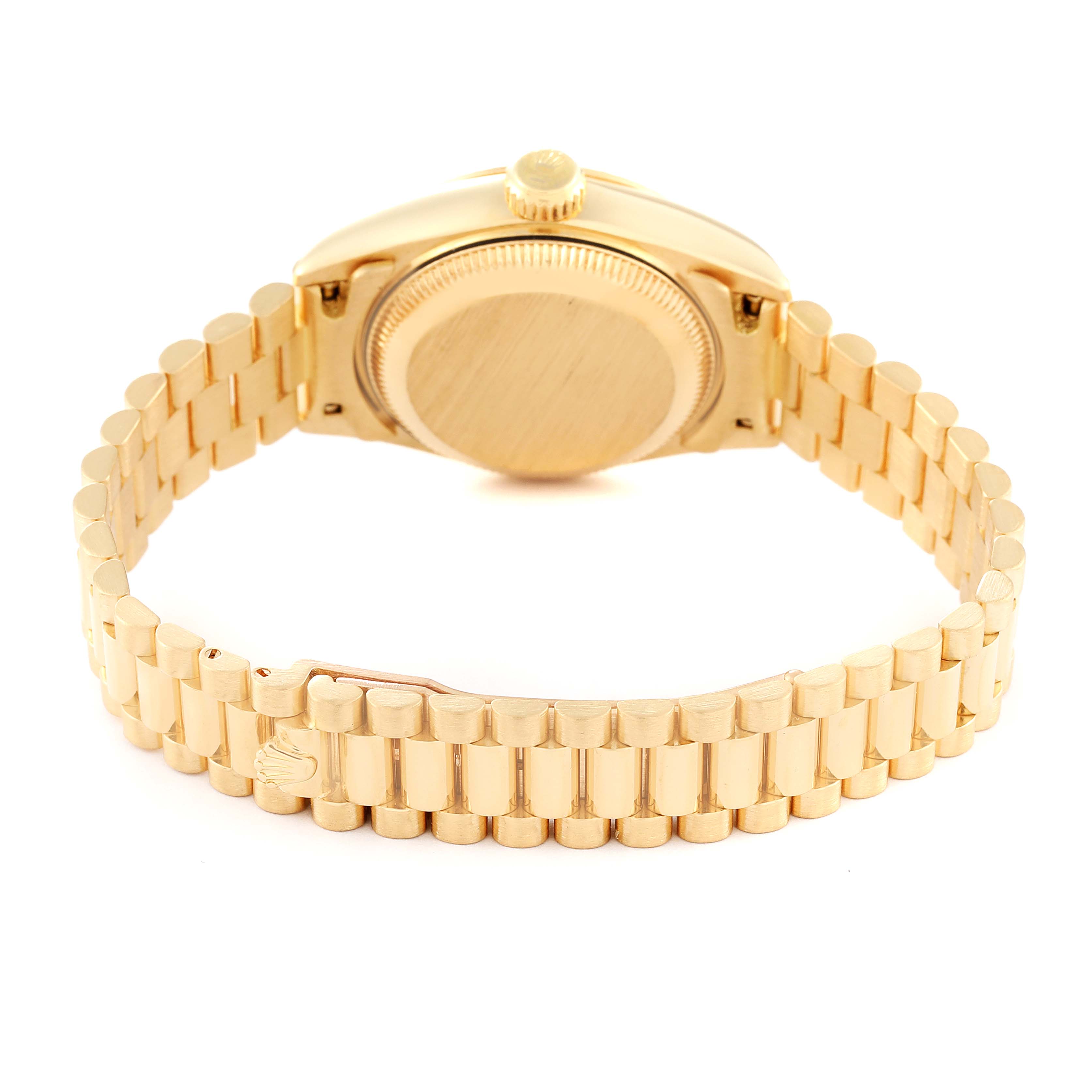 The image shows the backside and bracelet of a Rolex President 69178 Women's Yellow Gold Champagne Dial 69178 Women's Yellow Gold Champagne Dial model watch, highlighting the clasp and caseback.