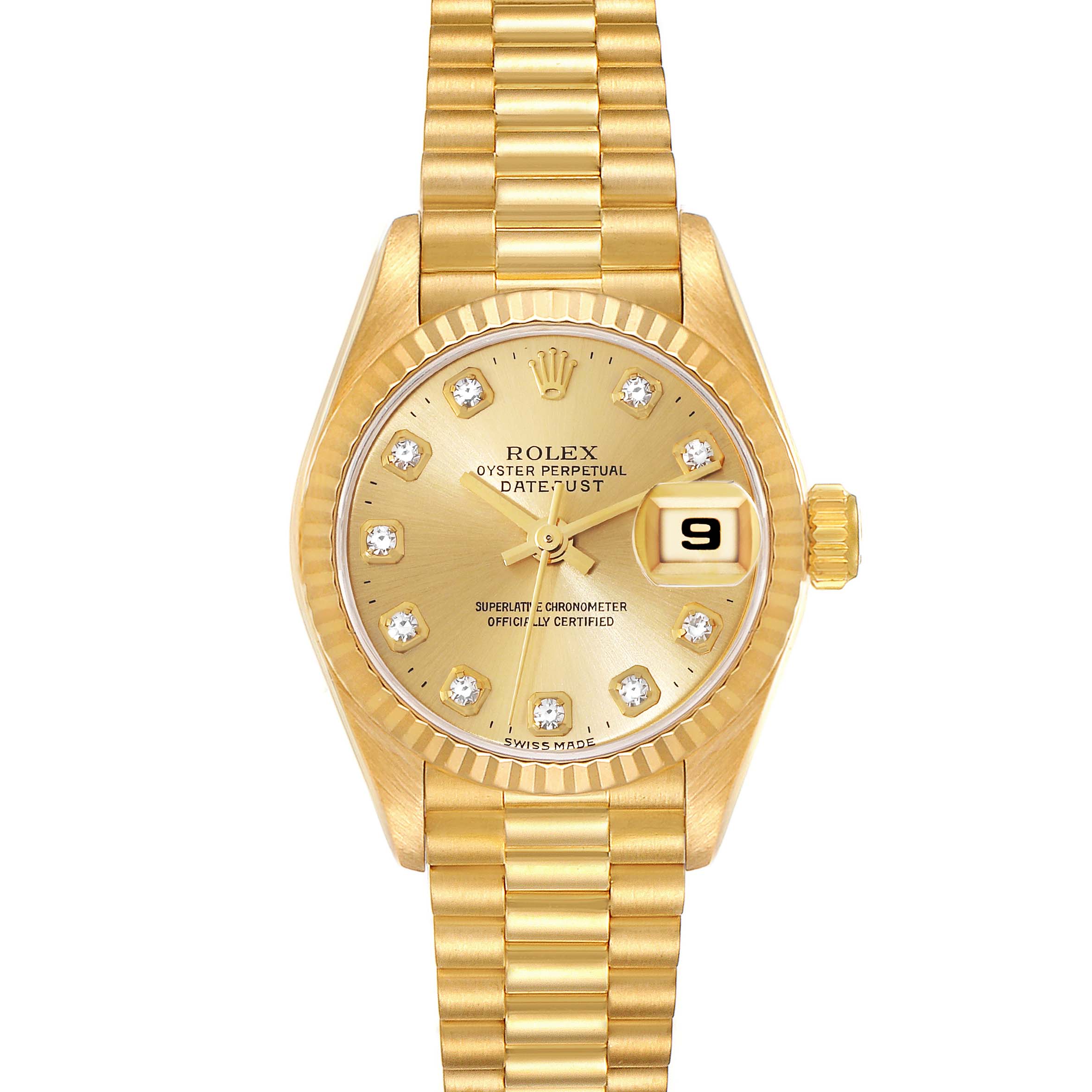 The image shows a frontal view of the Rolex President 69178 Women's Yellow Gold Champagne Dial 69178 Women's Yellow Gold Champagne Dial Datejust model watch, featuring a gold dial and bracelet with diamond markers.
