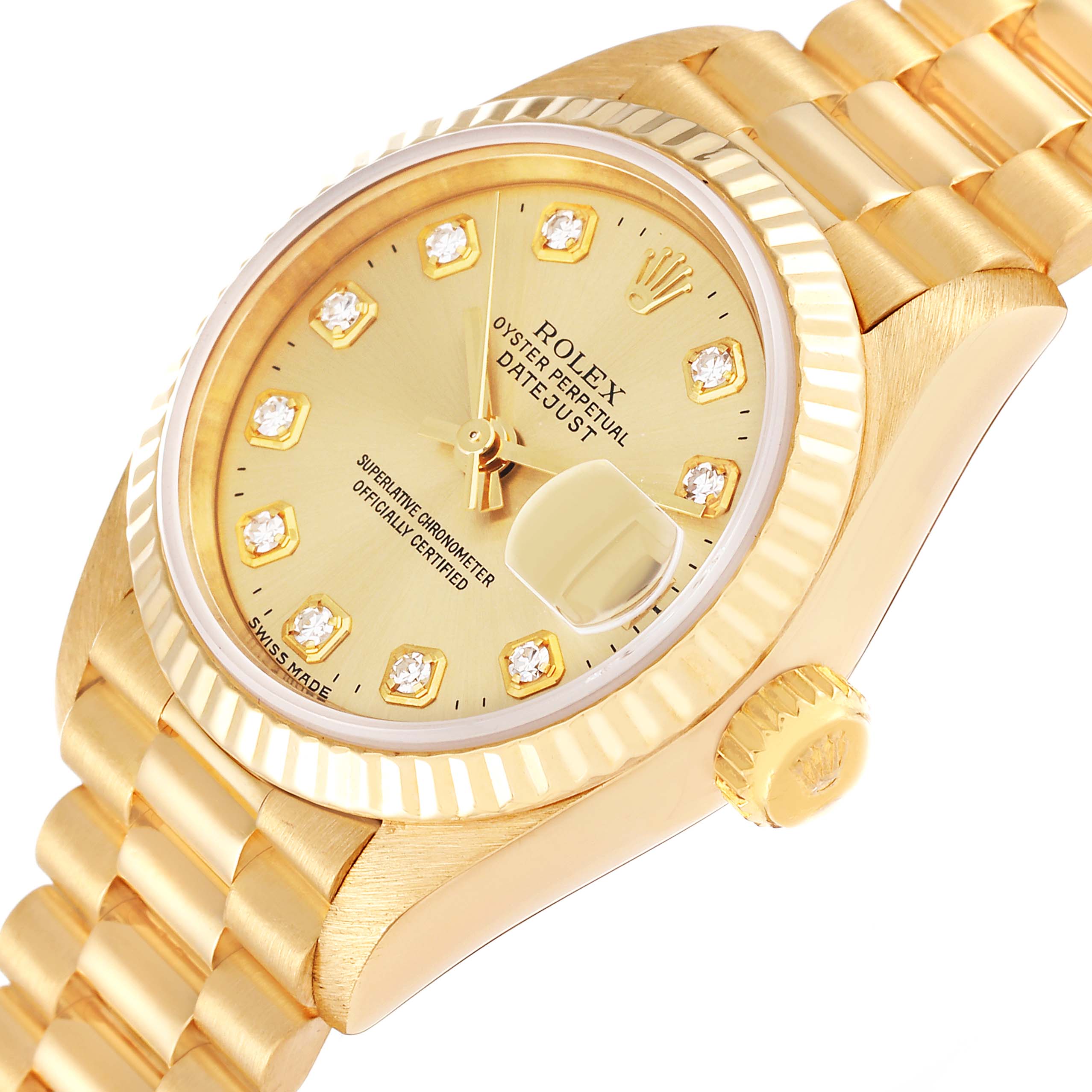 This image showcases the Rolex President 69178 Women's Yellow Gold Champagne Dial 69178 Women's Yellow Gold Champagne Dial model watch at an angled close-up, emphasizing the dial, crown, and bracelet.