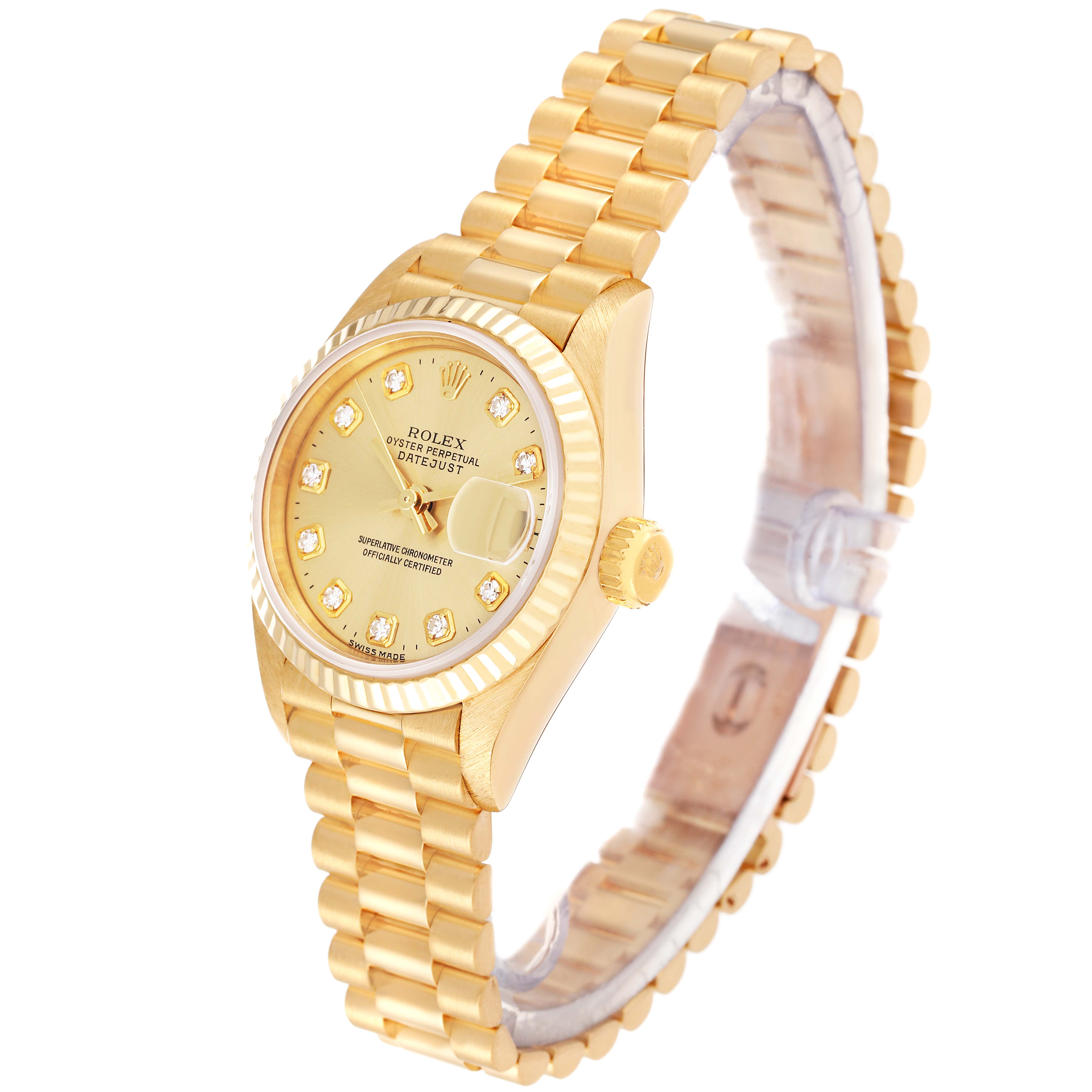 The image shows a Rolex President 69178 Women's Yellow Gold Champagne Dial 69178 Women's Yellow Gold Champagne Dial model watch at a side angle, highlighting the gold bracelet, dial, and crown.