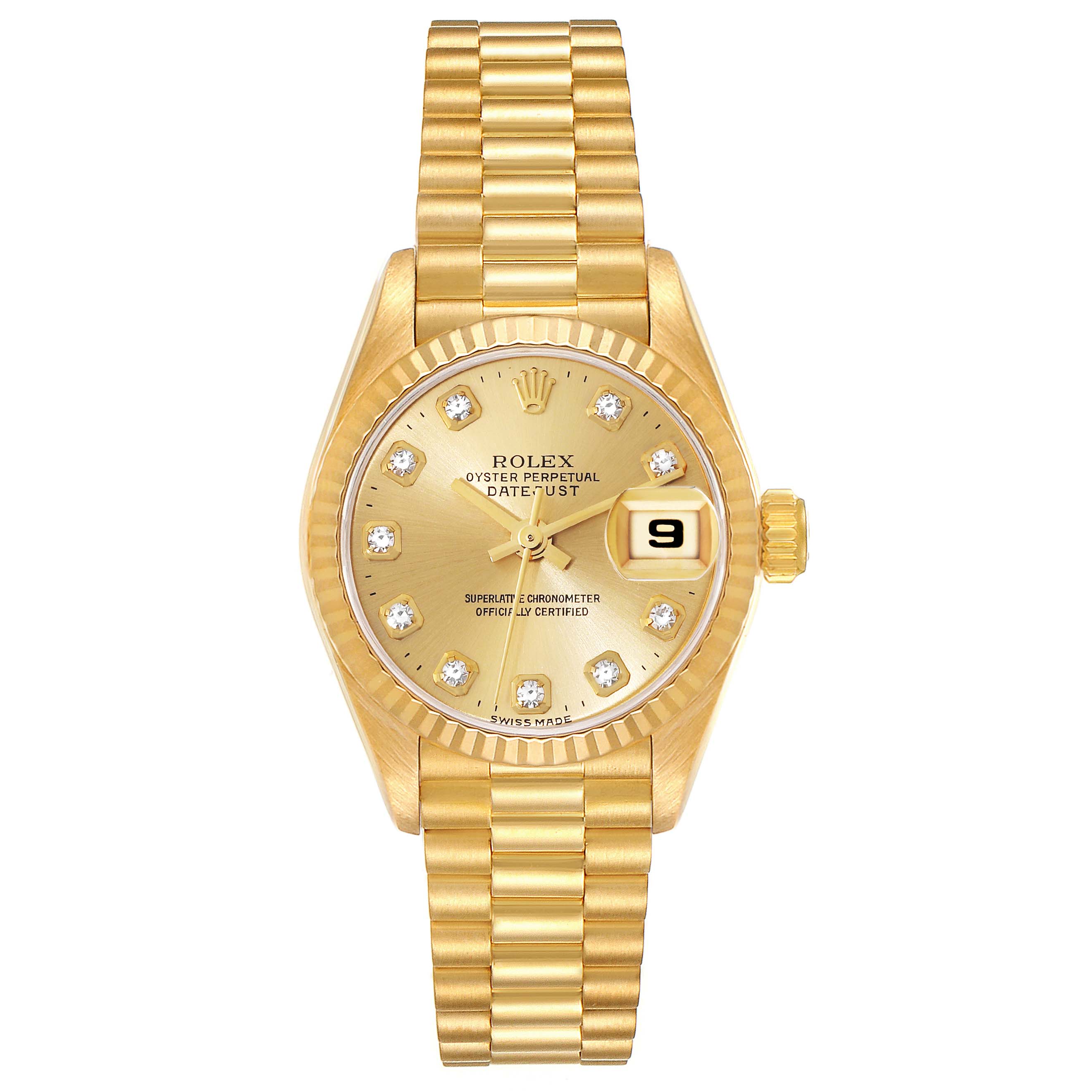 This is a top view of the Rolex President 69178 Women's Yellow Gold Champagne Dial 69178 Women's Yellow Gold Champagne Dial model, showing the gold bracelet, dial, and date window.
