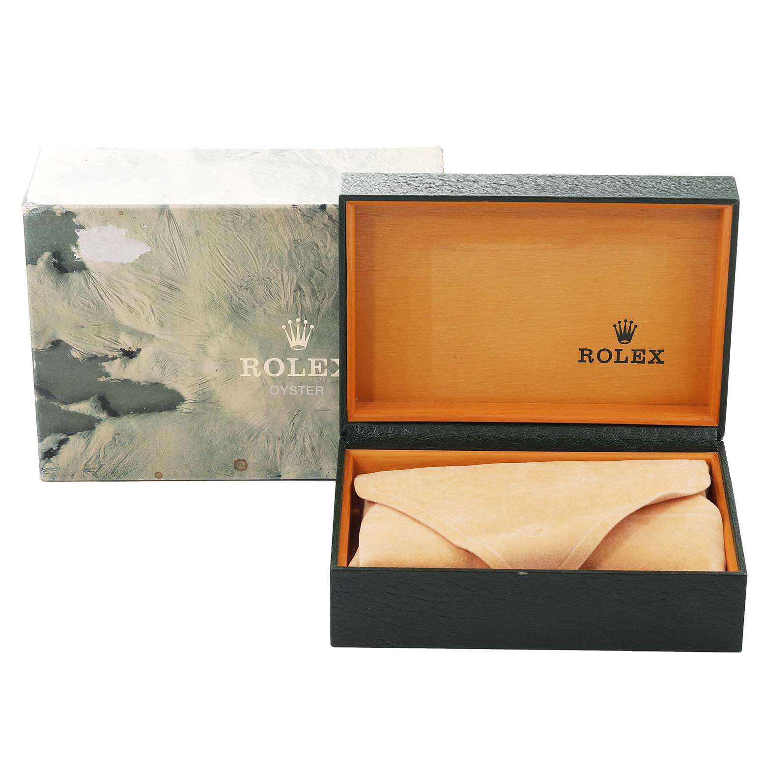 The image shows an open Rolex Datejust 16233 Men's Steel and Gold (two tone) Champagne Dial 16233 Men's Steel and Gold (two tone) Champagne Dial box with a suede pouch inside and an outer sleeve in the background.