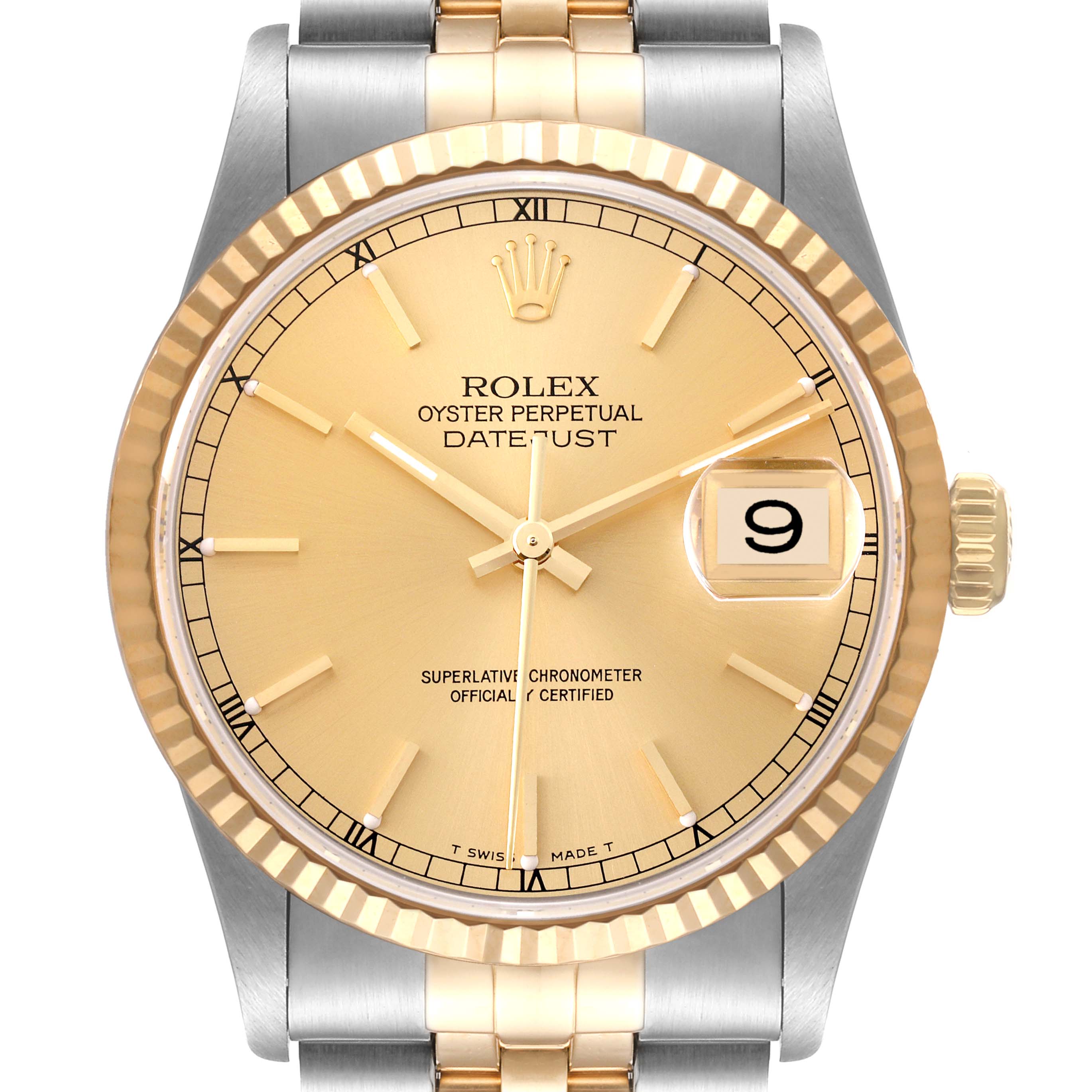 The image shows a front view of a Rolex Datejust 16233 Men's Steel and Gold (two tone) Champagne Dial 16233 Men's Steel and Gold (two tone) Champagne Dial watch, highlighting its gold dial, fluted bezel, and two-tone bracelet.