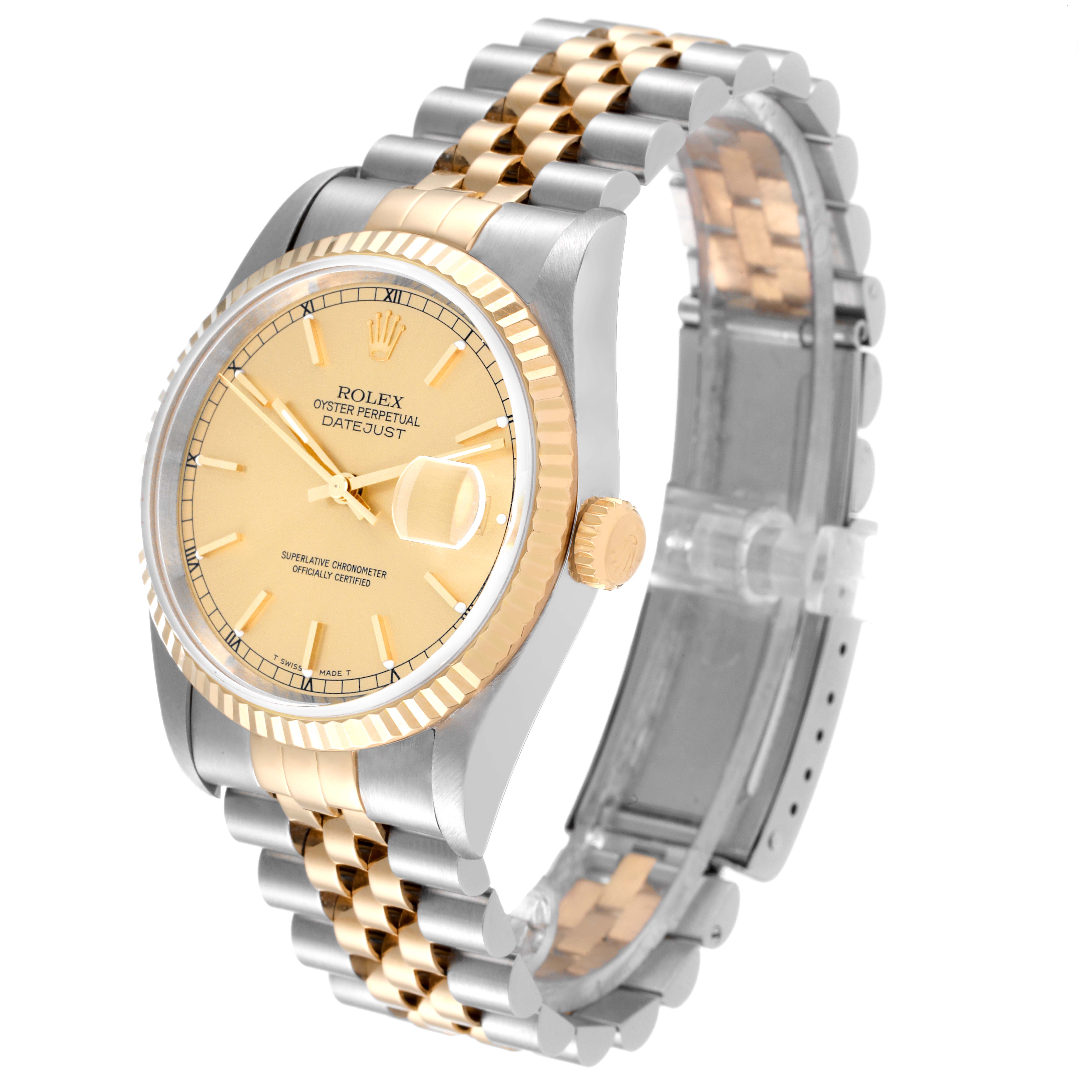 The image shows a Rolex Datejust 16233 Men's Steel and Gold (two tone) Champagne Dial 16233 Men's Steel and Gold (two tone) Champagne Dial watch at an angle highlighting the dial, crown, fluted bezel, and Jubilee bracelet.