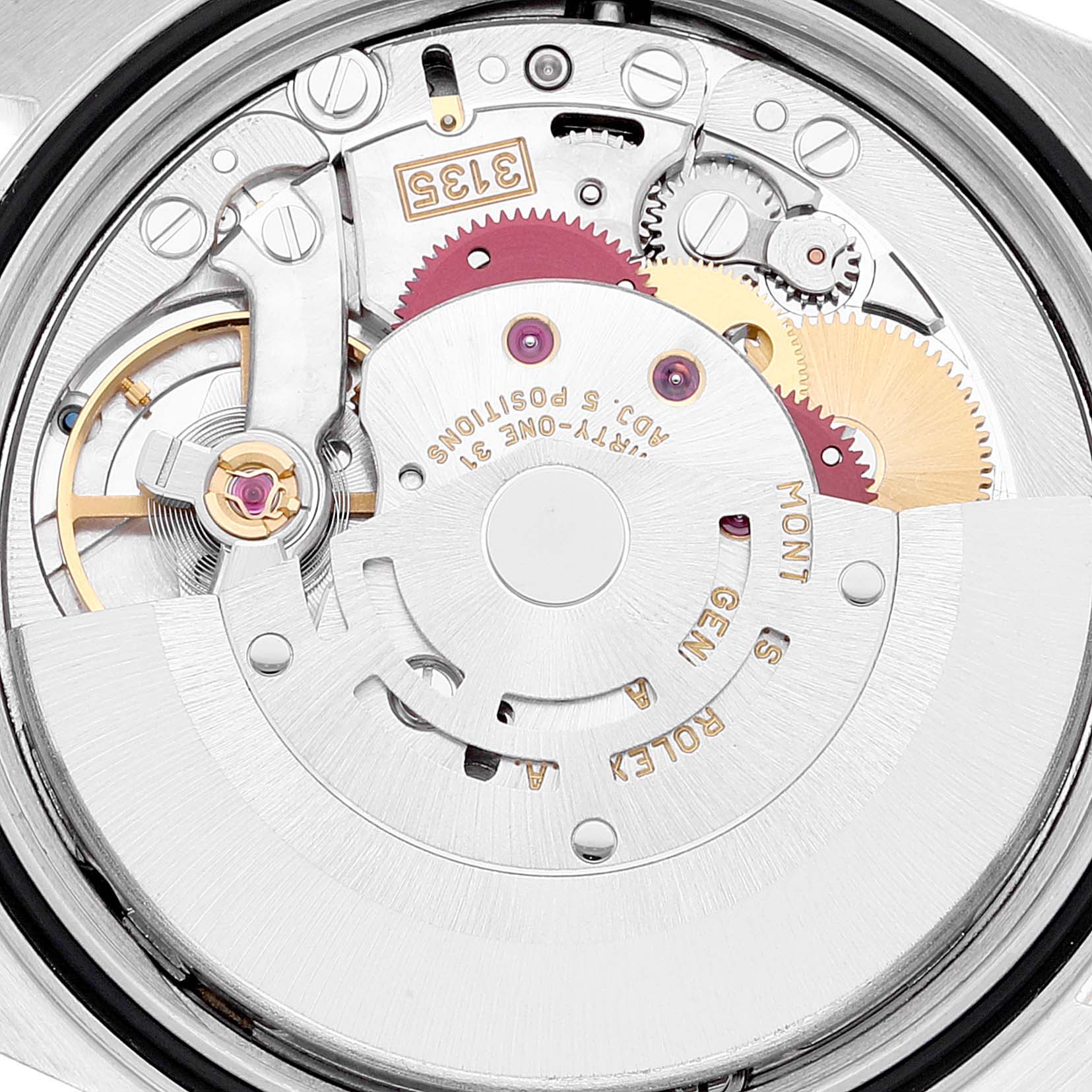 The image shows the intricate internal mechanism of a Rolex Datejust 16233 Men's Steel and Gold (two tone) Champagne Dial 16233 Men's Steel and Gold (two tone) Champagne Dial watch, viewed from a rear angle.