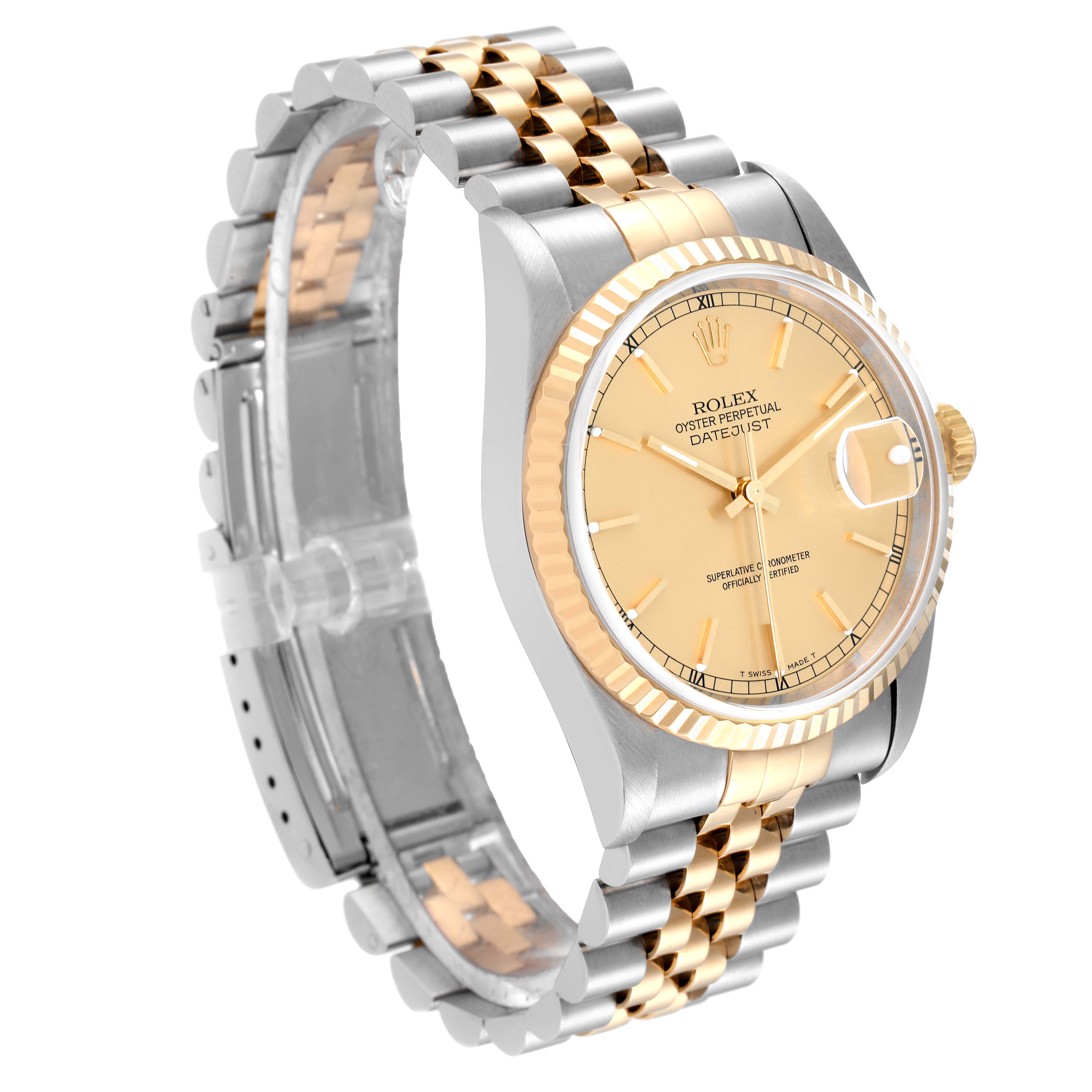 This Rolex Datejust 16233 Men's Steel and Gold (two tone) Champagne Dial 16233 Men's Steel and Gold (two tone) Champagne Dial watch is shown at an angle displaying the full bracelet, bezel, and dial with a date window.