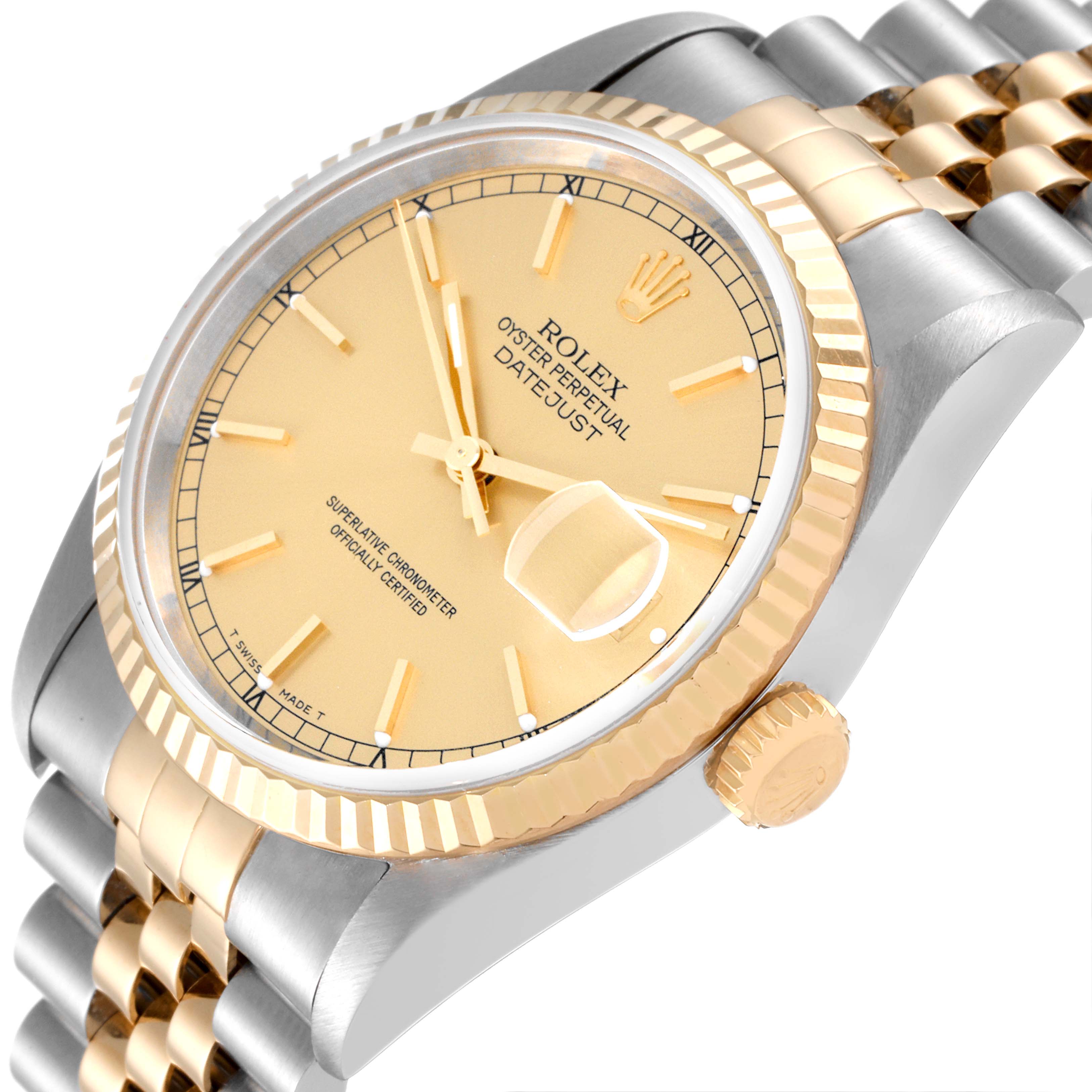 The image shows a Rolex Datejust 16233 Men's Steel and Gold (two tone) Champagne Dial 16233 Men's Steel and Gold (two tone) Champagne Dial watch at an angle highlighting the dial, fluted bezel, crown, and two-tone bracelet.