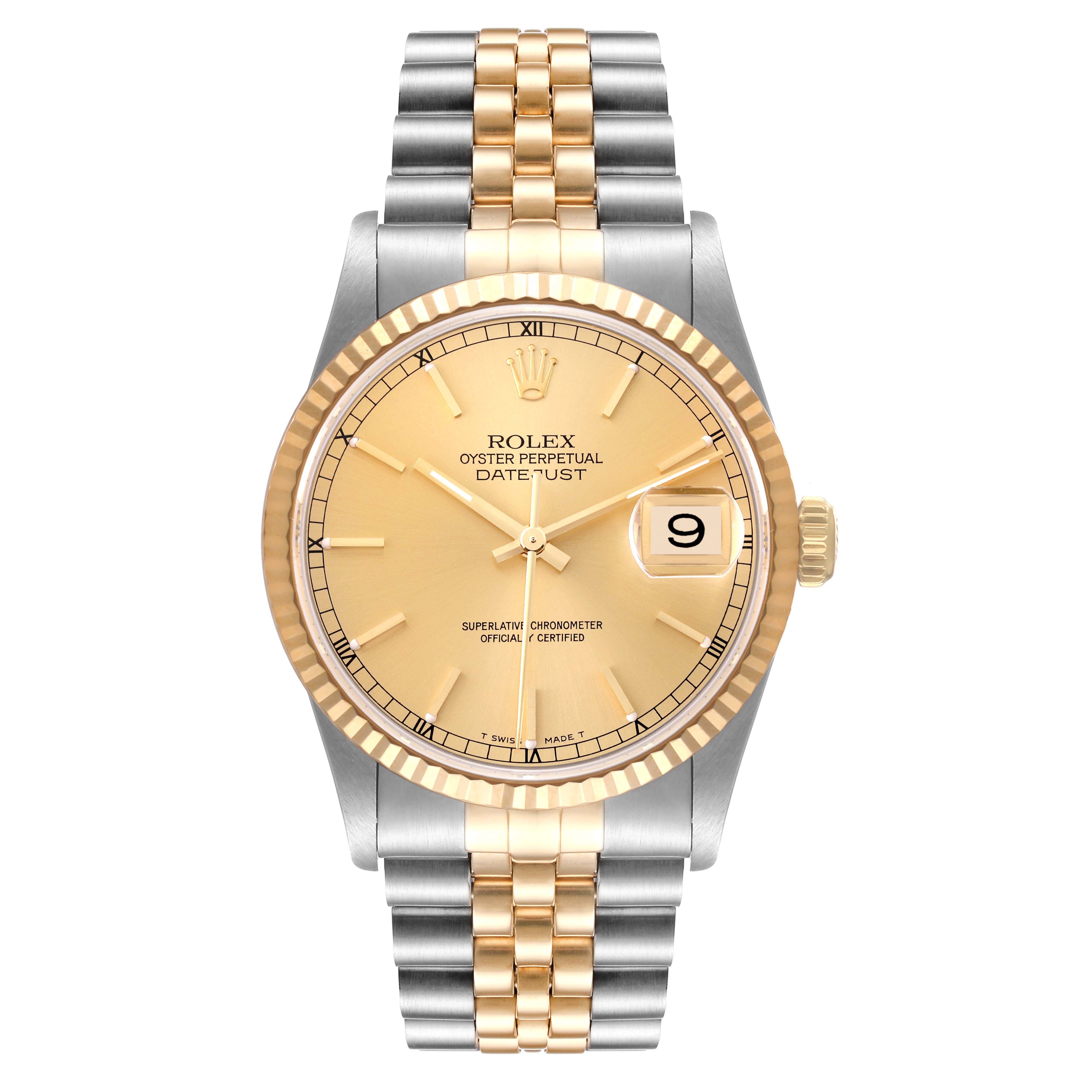 The image shows a front view of a Rolex Datejust 16233 Men's Steel and Gold (two tone) Champagne Dial 16233 Men's Steel and Gold (two tone) Champagne Dial watch, revealing its face, bezel, and two-tone bracelet.