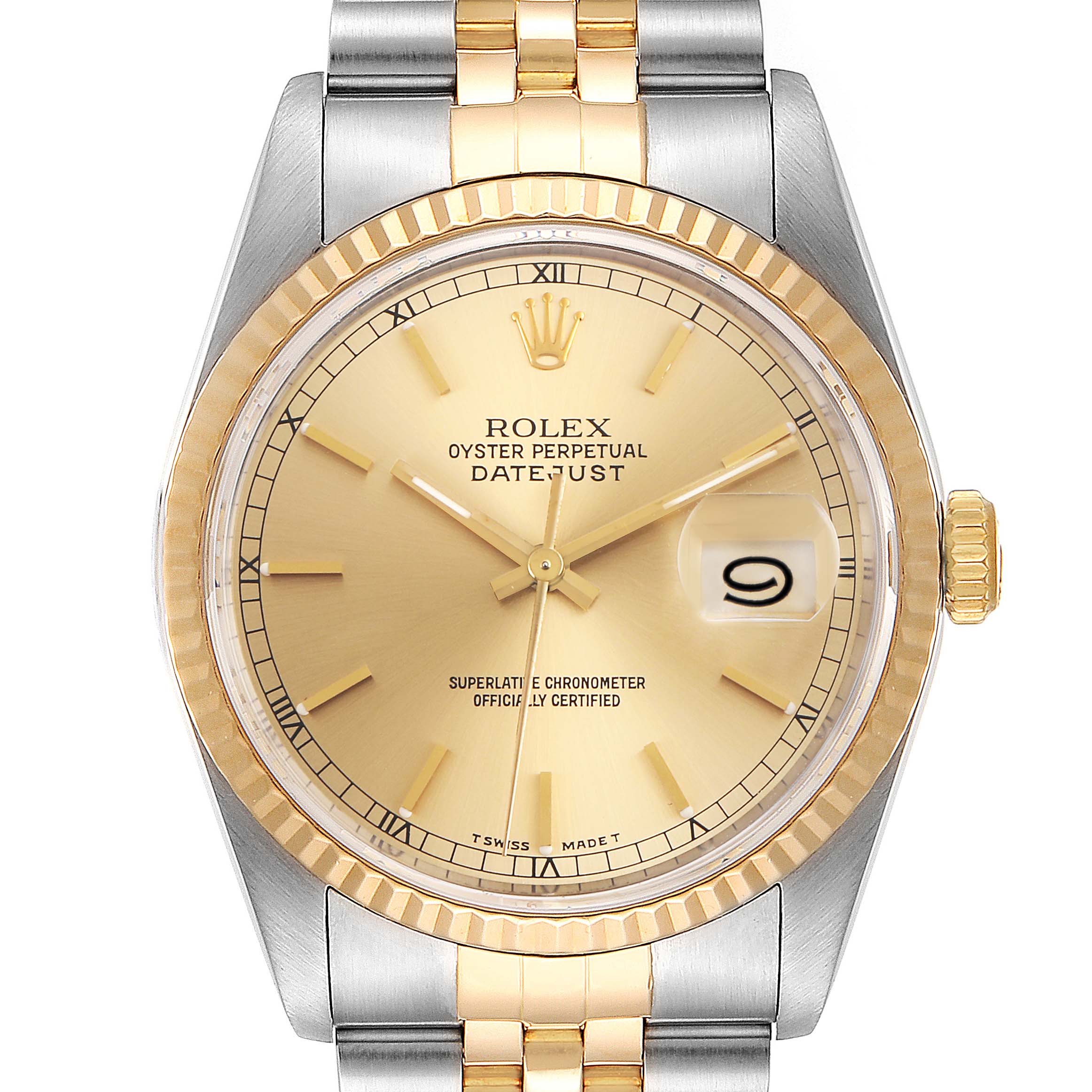 The image shows a front view of the Rolex Datejust 16233 Men
s Steel and Gold (two tone) Champagne Dial 16233 Men
s Steel and Gold (two tone) Champagne Dial watch, highlighting its dial, bezel, and part of the bracelet.