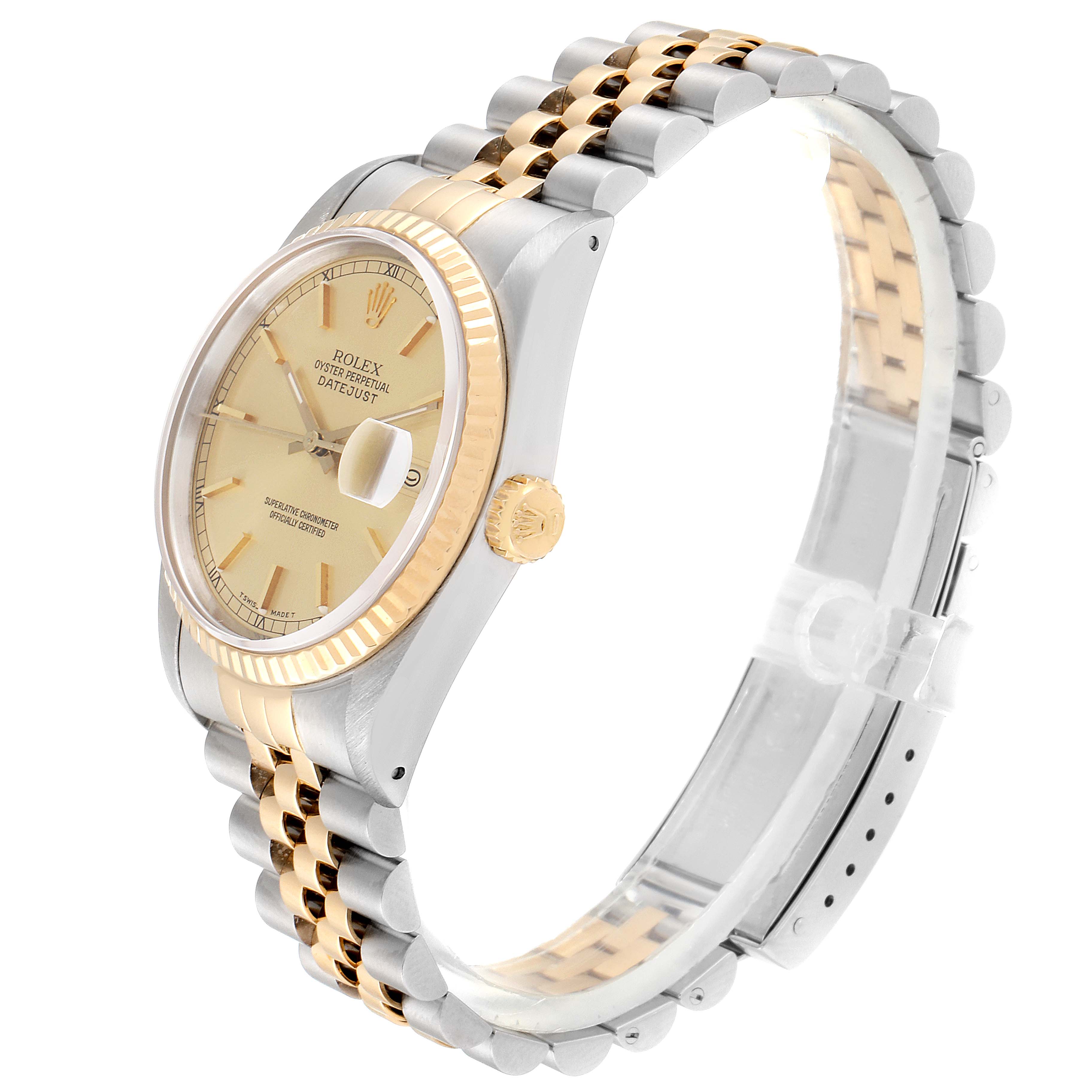 The Rolex Datejust 16233 Men
s Steel and Gold (two tone) Champagne Dial 16233 Men
s Steel and Gold (two tone) Champagne Dial watch is shown at an angle displaying the face, fluted bezel, crown, and two-tone bracelet.