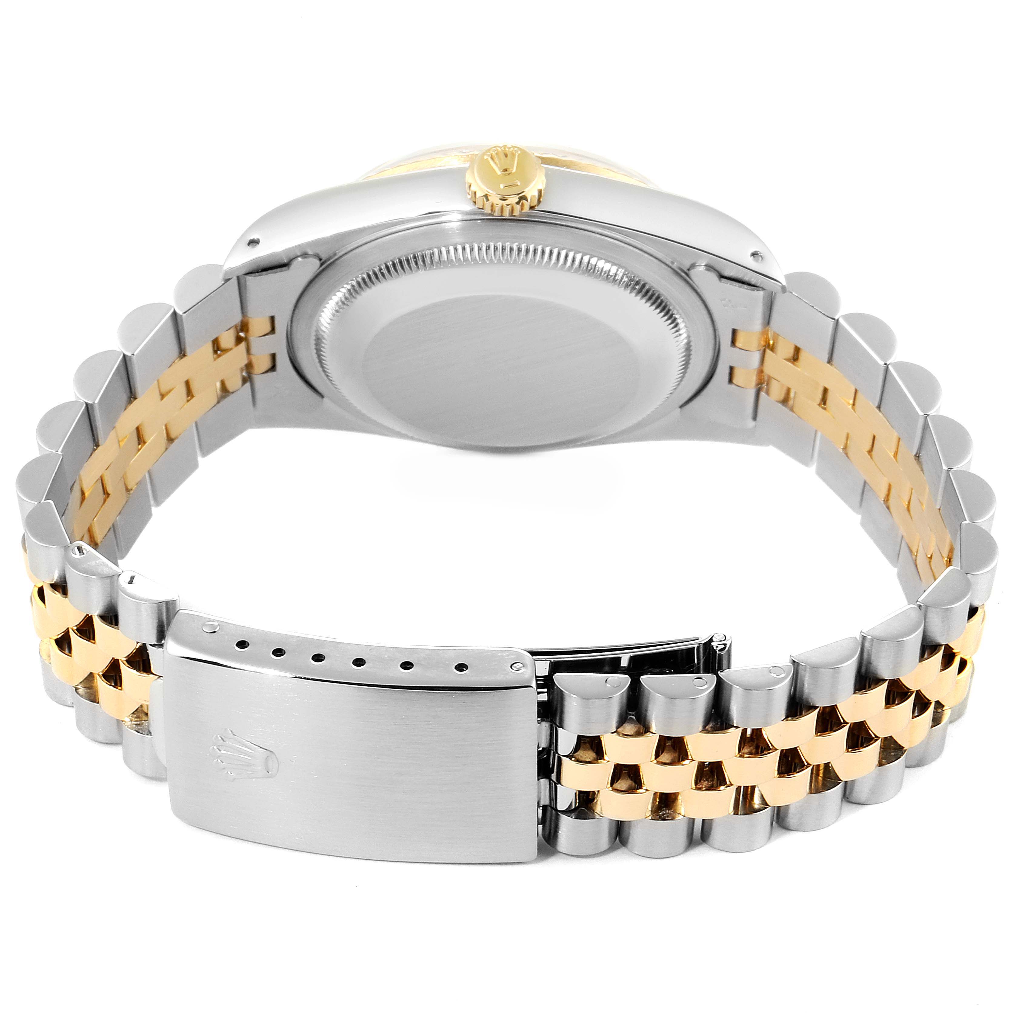 This image of the Rolex Datejust 16233 Men
s Steel and Gold (two tone) Champagne Dial 16233 Men
s Steel and Gold (two tone) Champagne Dial watch shows the back of the case and the bracelet, focusing on the clasp and links.