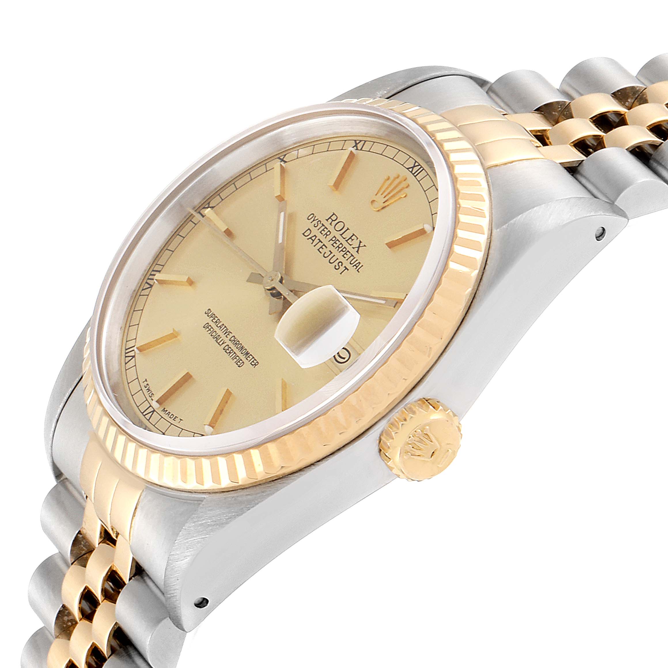 The image shows a partial side angle of a Rolex Datejust 16233 Men
s Steel and Gold (two tone) Champagne Dial 16233 Men
s Steel and Gold (two tone) Champagne Dial watch, highlighting the case, crown, bezel, bracelet, and face.