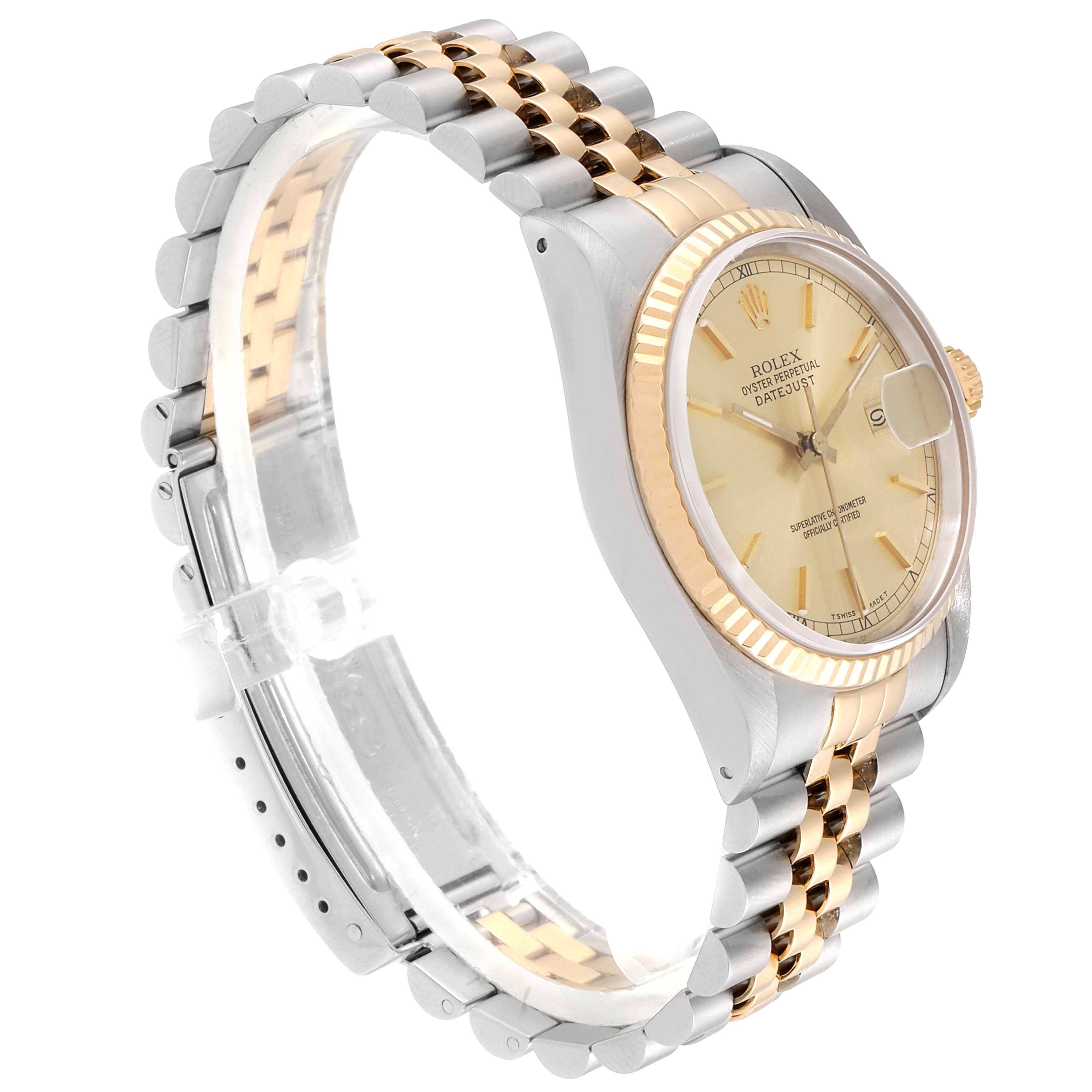 The image shows a side angle of a Rolex Datejust 16233 Men
s Steel and Gold (two tone) Champagne Dial 16233 Men
s Steel and Gold (two tone) Champagne Dial watch, highlighting its two-tone bracelet and champagne dial.