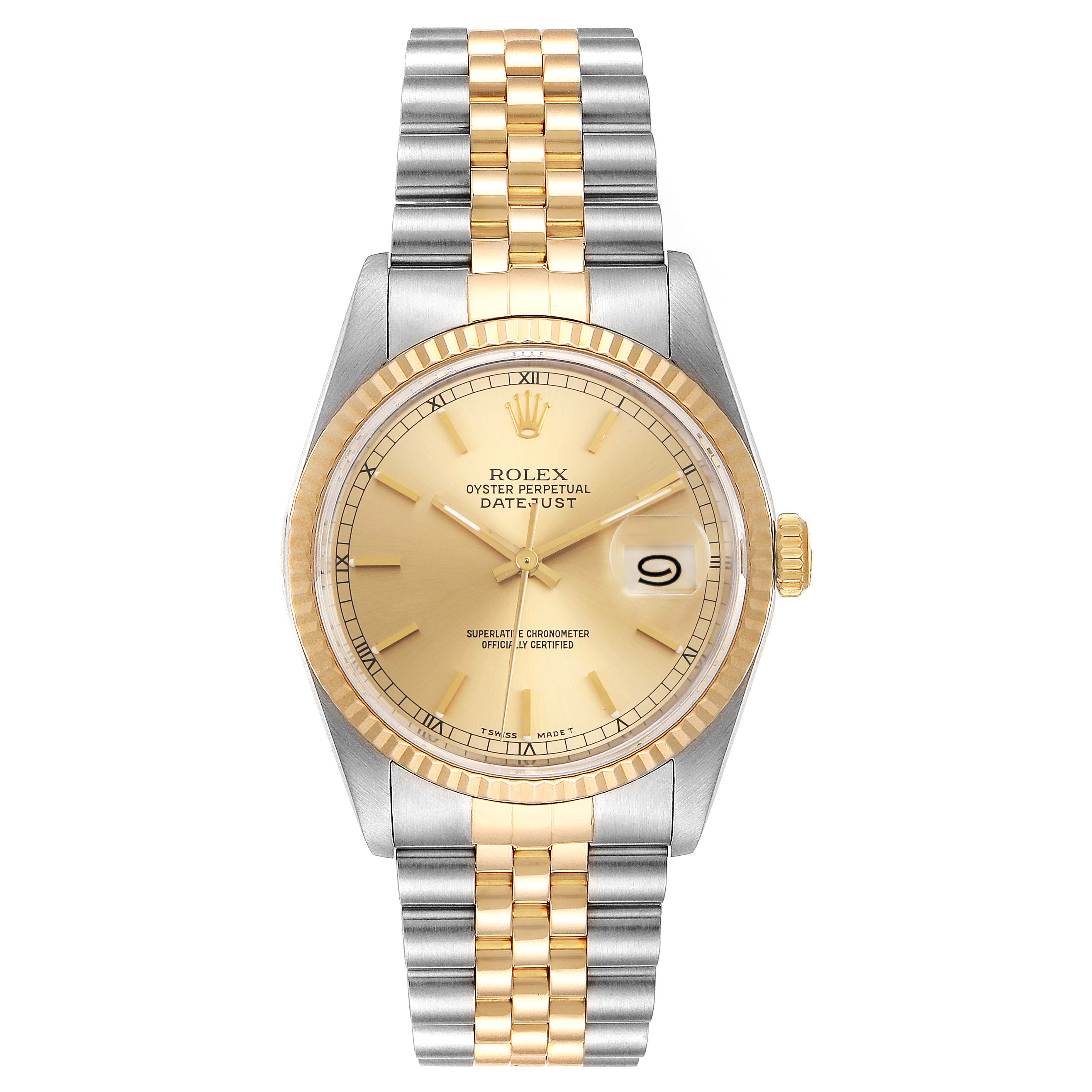 The image shows a front view of a Rolex Datejust 16233 Men
s Steel and Gold (two tone) Champagne Dial 16233 Men
s Steel and Gold (two tone) Champagne Dial watch, displaying its dial, bezel, crown, and two-tone bracelet.