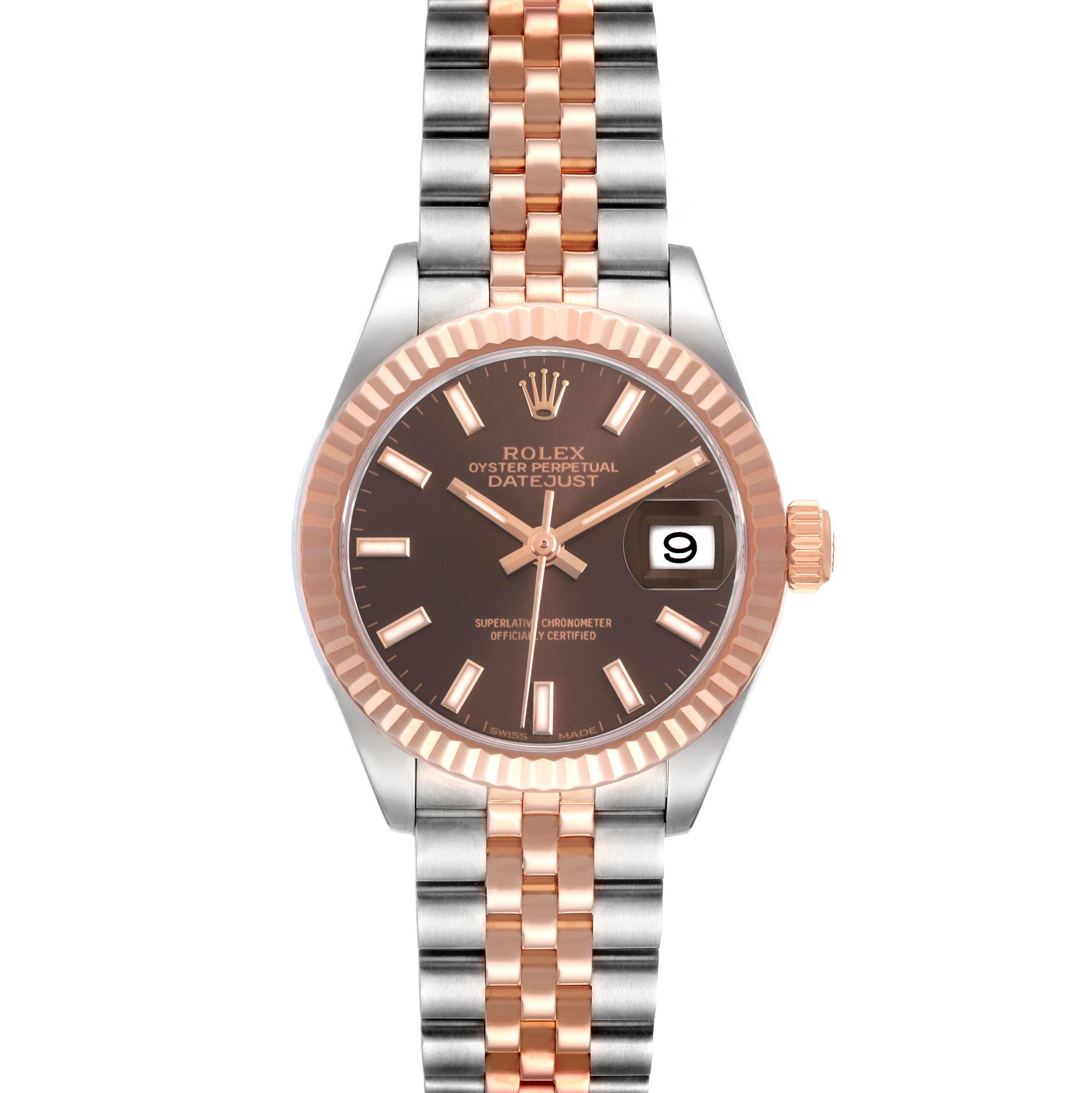 The image shows a front view of a Rolex Datejust 279171 Women's Steel and Gold (two tone) Brown Dial watch, displaying its dial, bezel, and bracelet.