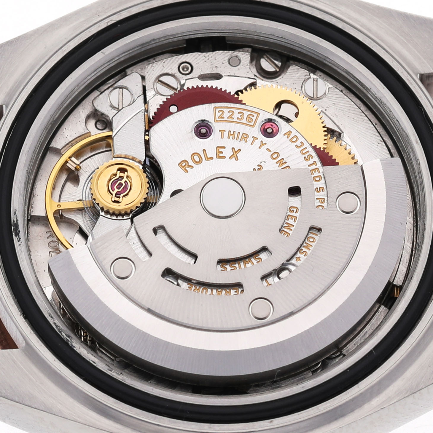 The image shows the movement of a Rolex Datejust 279171 Women's Steel and Gold (two tone) Brown Dial watch from the back, highlighting gears and the rotor.