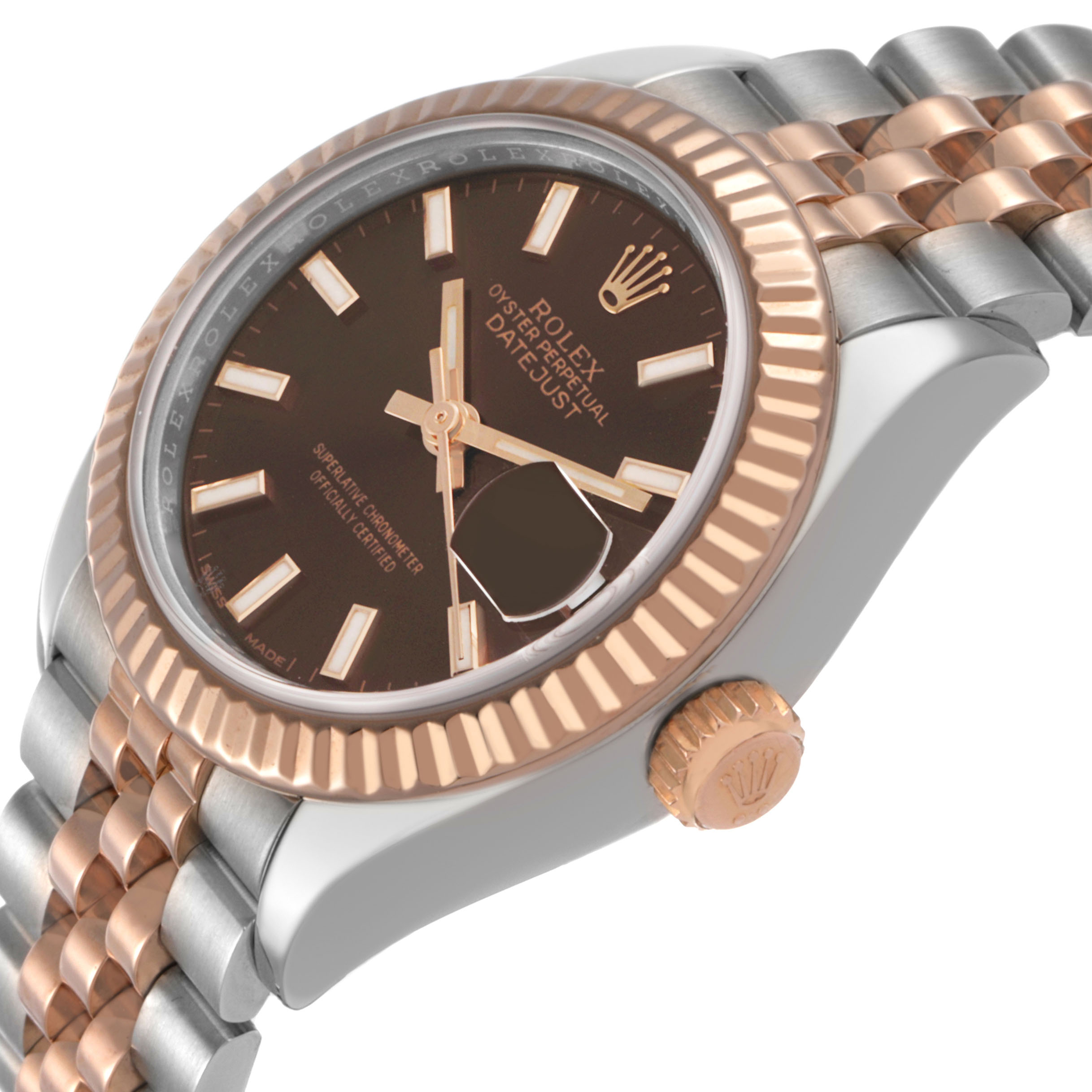 The Rolex Datejust 279171 Women's Steel and Gold (two tone) Brown Dial watch is shown at an angle highlighting the dial, bezel, and crown with partial view of the bracelet.