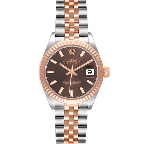 The Rolex Datejust 279171 Women's Steel and Gold (two tone) Brown Dial watch is shown from the front, displaying the face, bezel, crown, and bracelet.