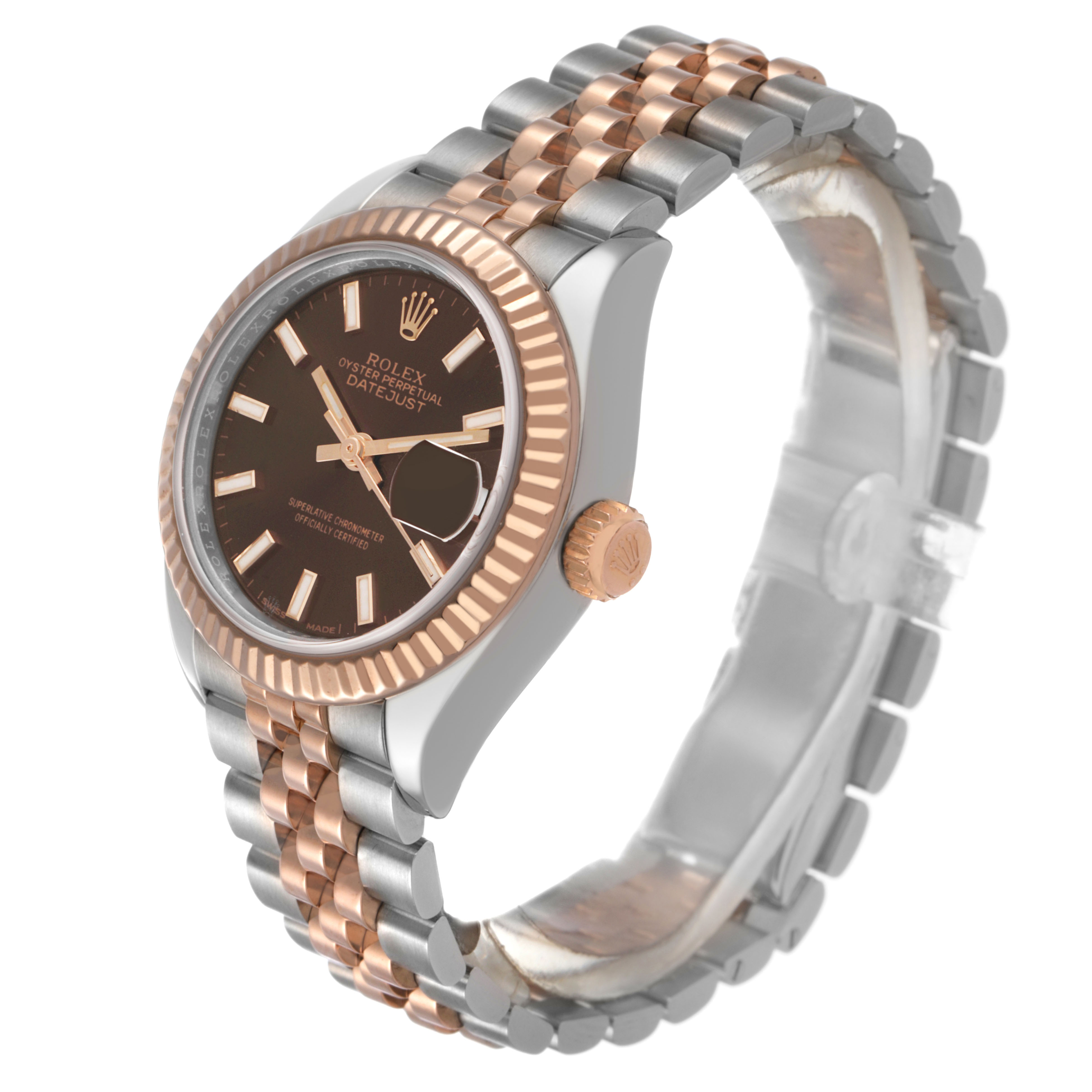 The Rolex Datejust 279171 Women's Steel and Gold (two tone) Brown Dial is shown at a three-quarter angle, highlighting the crown, bezel, dial, and bracelet.