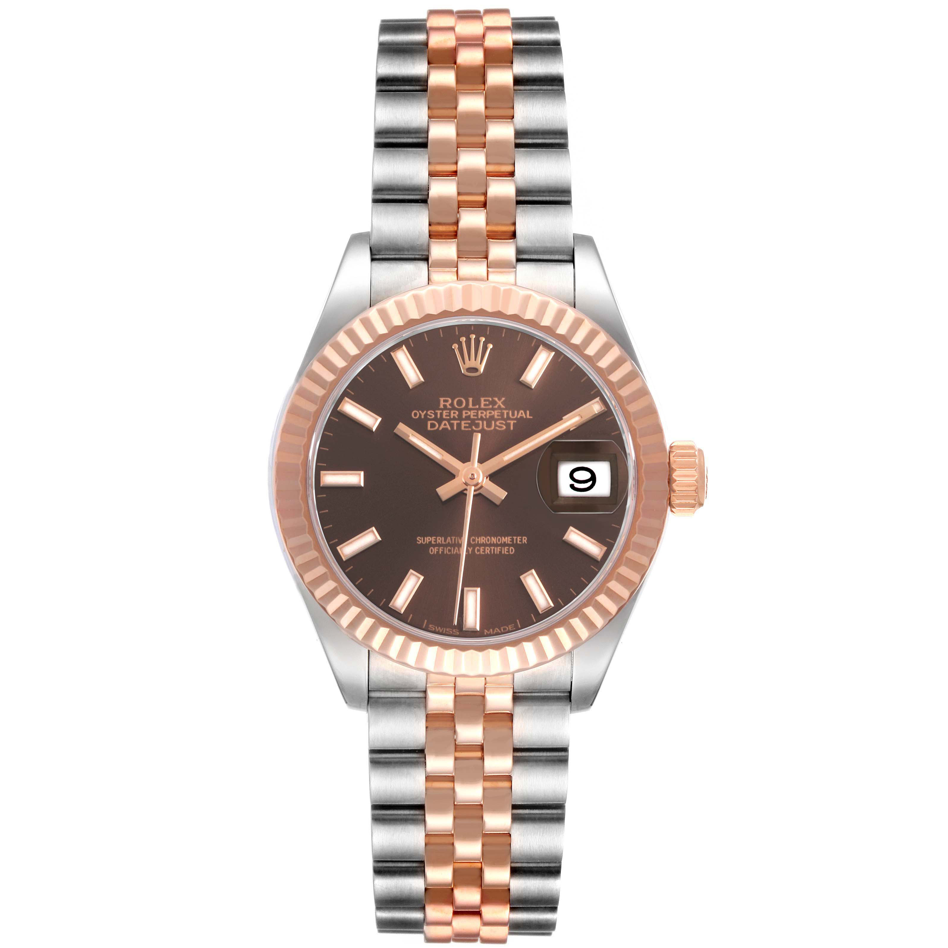 The image shows a frontal view of the Rolex Datejust 279171 Women's Steel and Gold (two tone) Brown Dial watch, displaying the face, two-tone bracelet, and fluted bezel.
