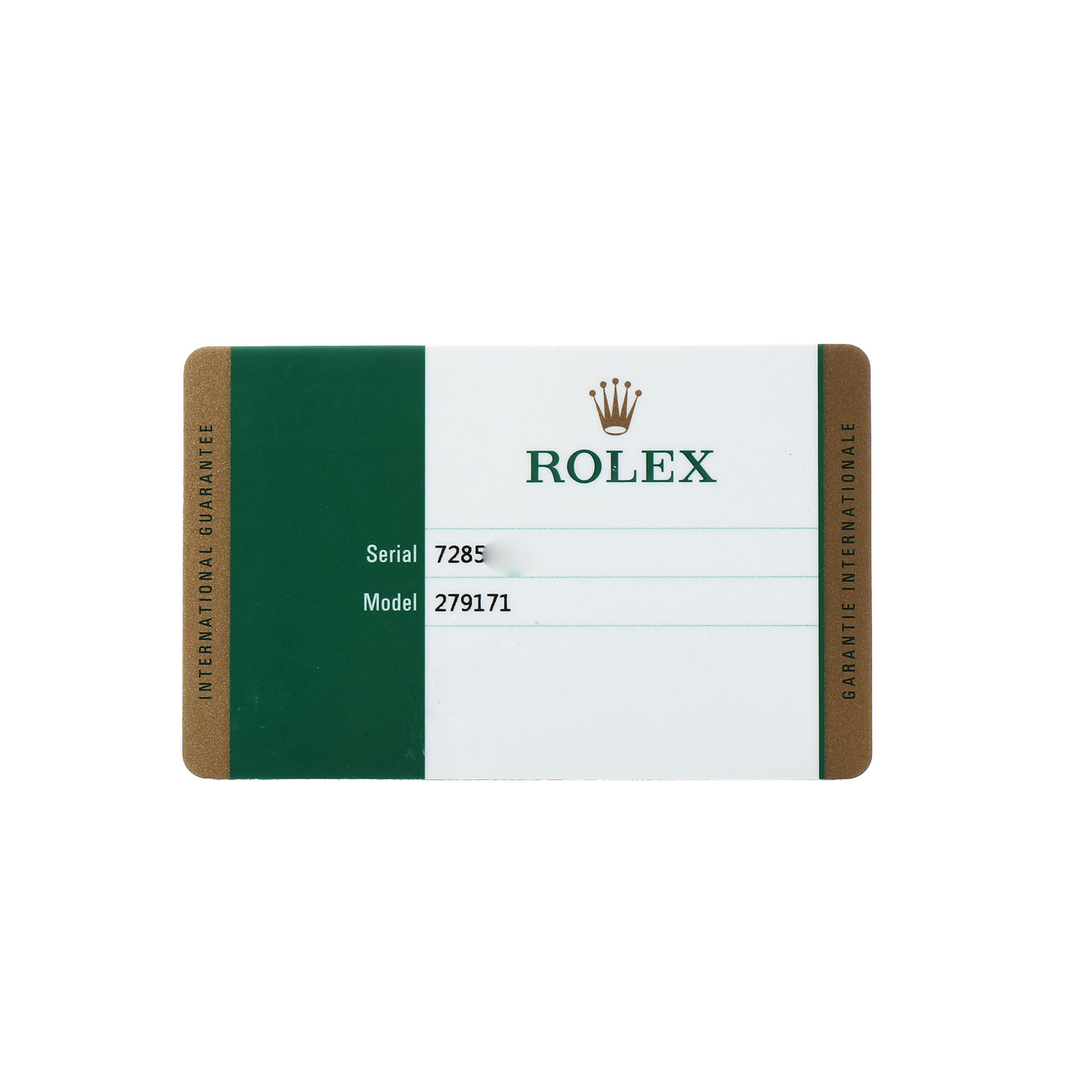 The image shows a Rolex Datejust 279171 Women's Steel and Gold (two tone) Brown Dial model serial card, detailing the watch's serial and model numbers.