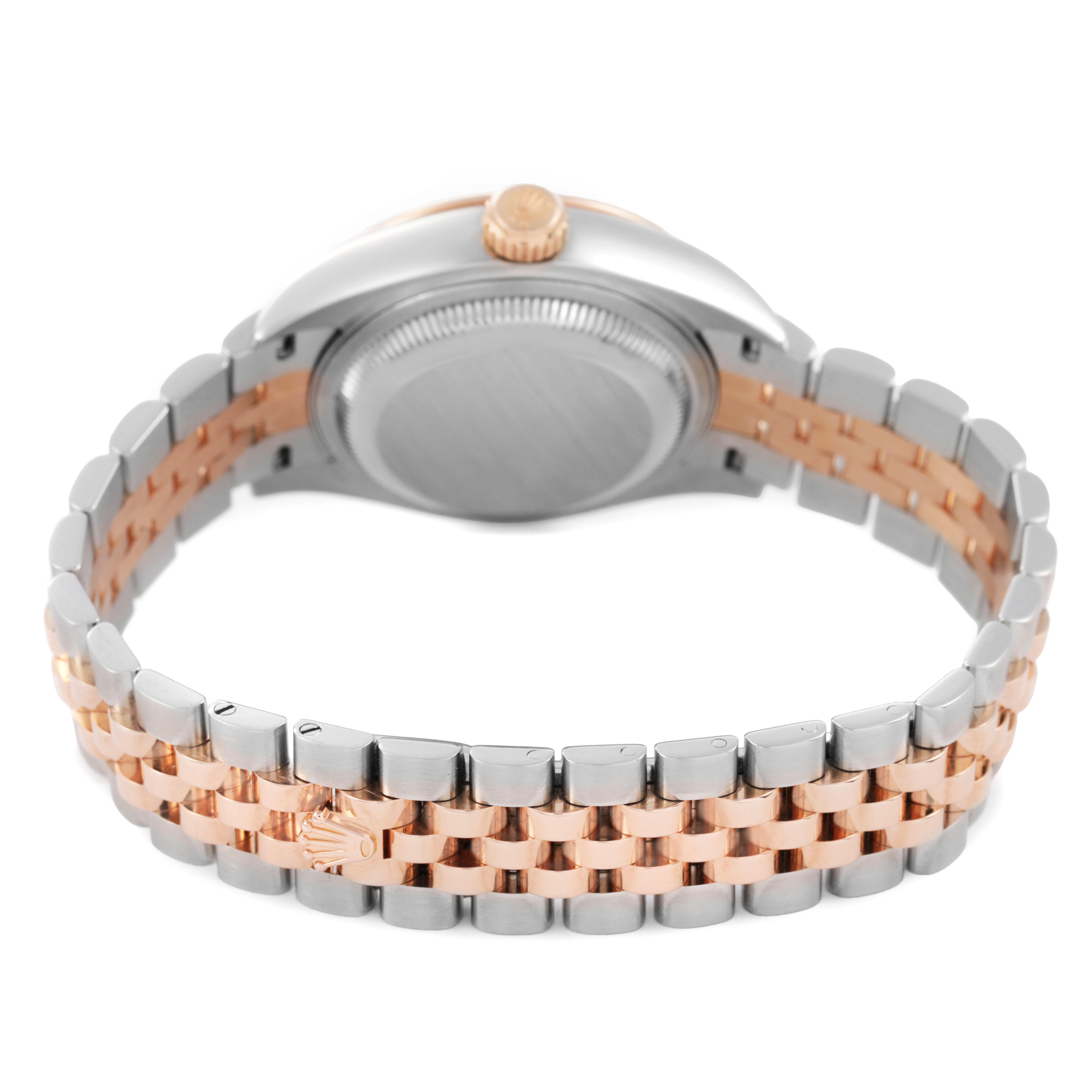 The image shows the back view of a Rolex Datejust 279171 Women's Steel and Gold (two tone) Brown Dial, highlighting its bracelet and case back.