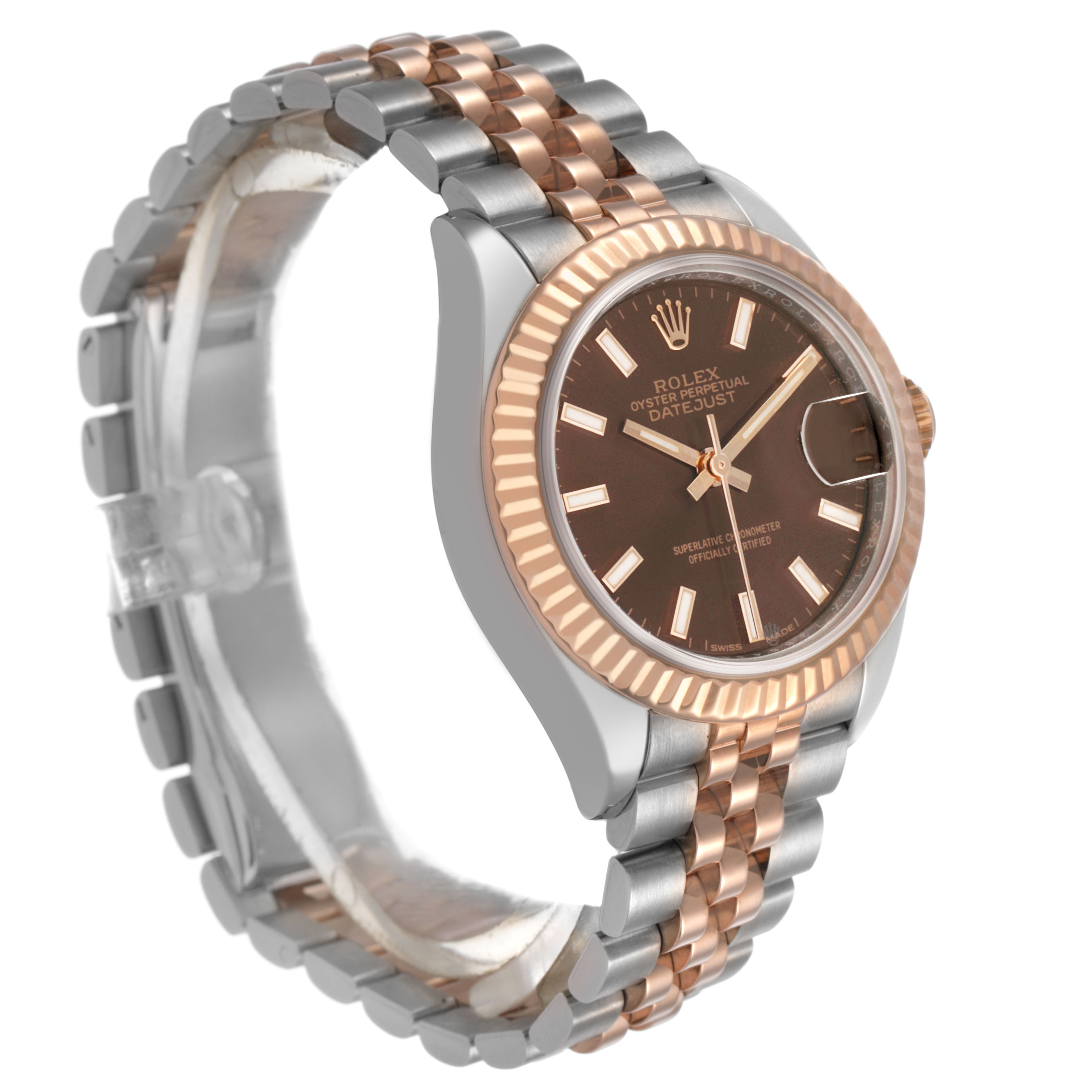 The Rolex Datejust 279171 Women's Steel and Gold (two tone) Brown Dial watch is shown at a three-quarter angle, displaying the bracelet, case, dial, and fluted bezel.
