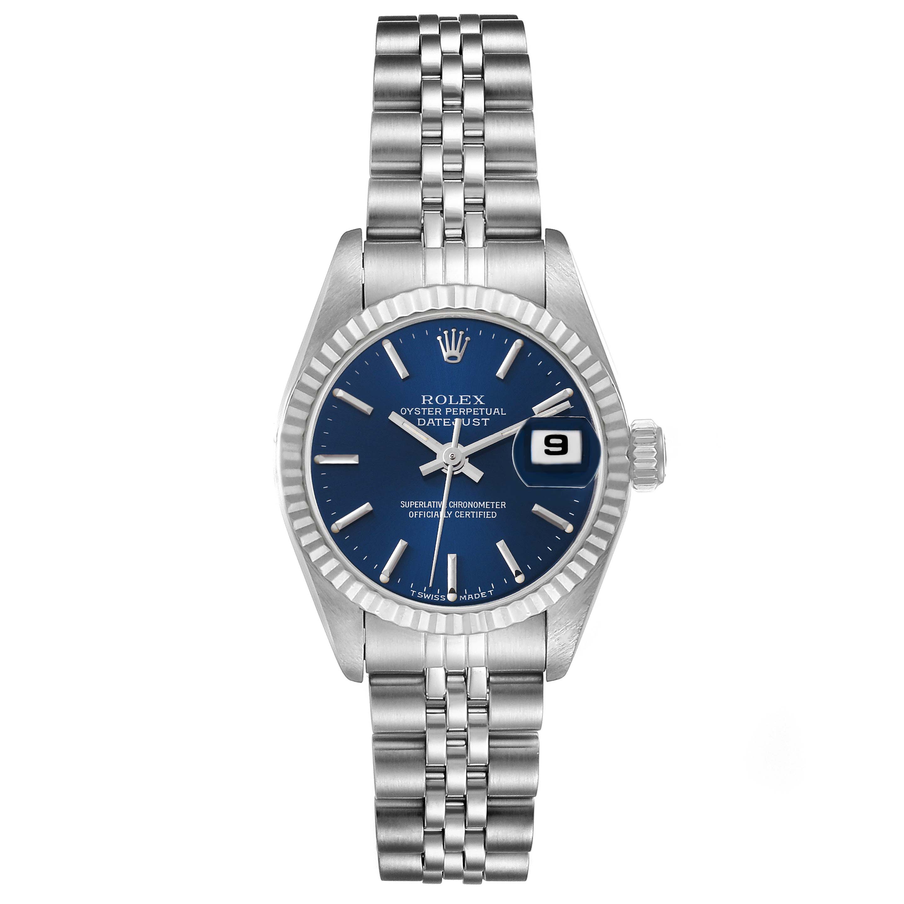 This image shows the front view of a Rolex Datejust 69174 Women's Stainless Steel Blue Dial 69174 Women's Stainless Steel Blue Dial watch, displaying the dial, bezel, bracelet, and crown.