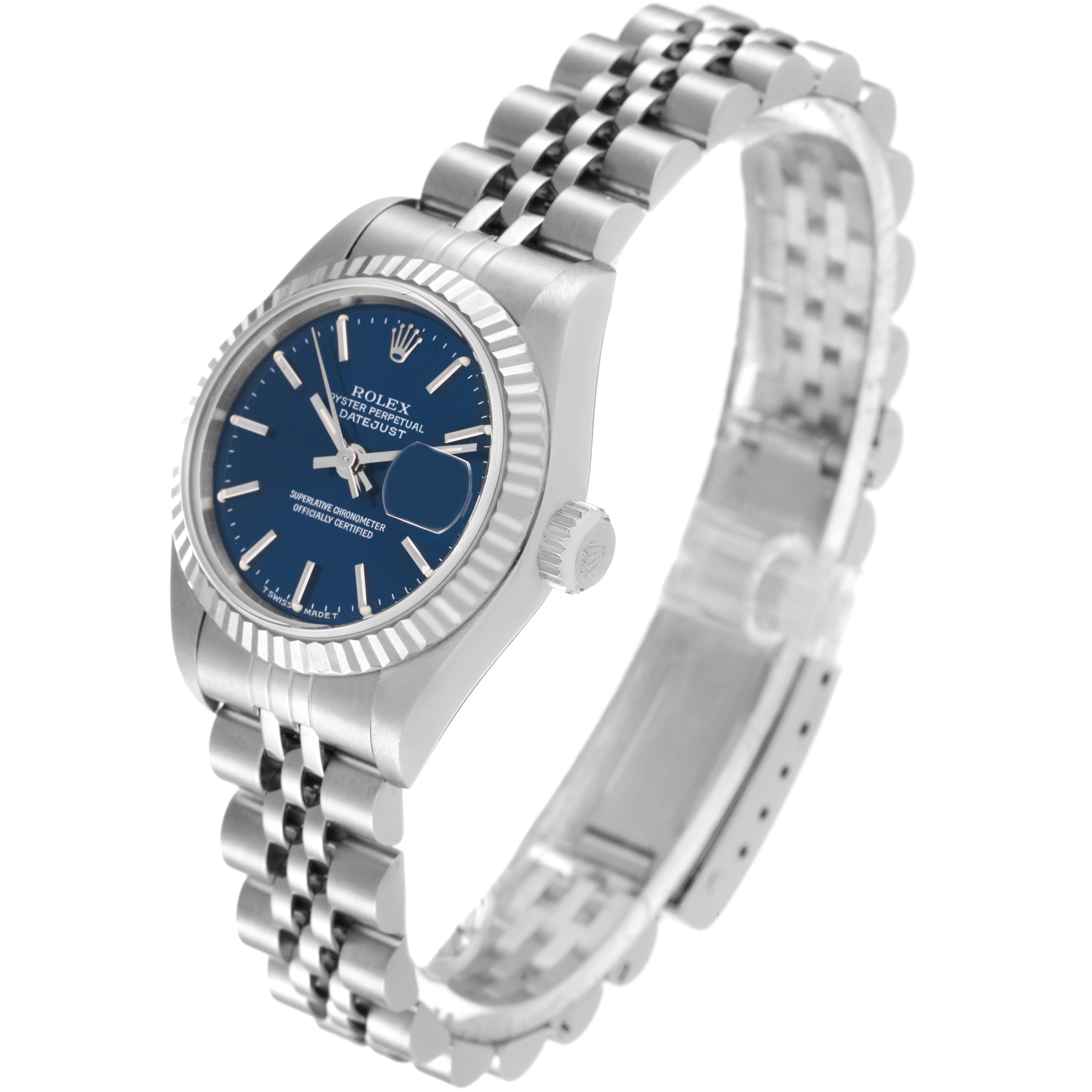 This image shows a Rolex Datejust 69174 Women's Stainless Steel Blue Dial 69174 Women's Stainless Steel Blue Dial watch at a slight angle, displaying the face, bezel, crown, and bracelet.