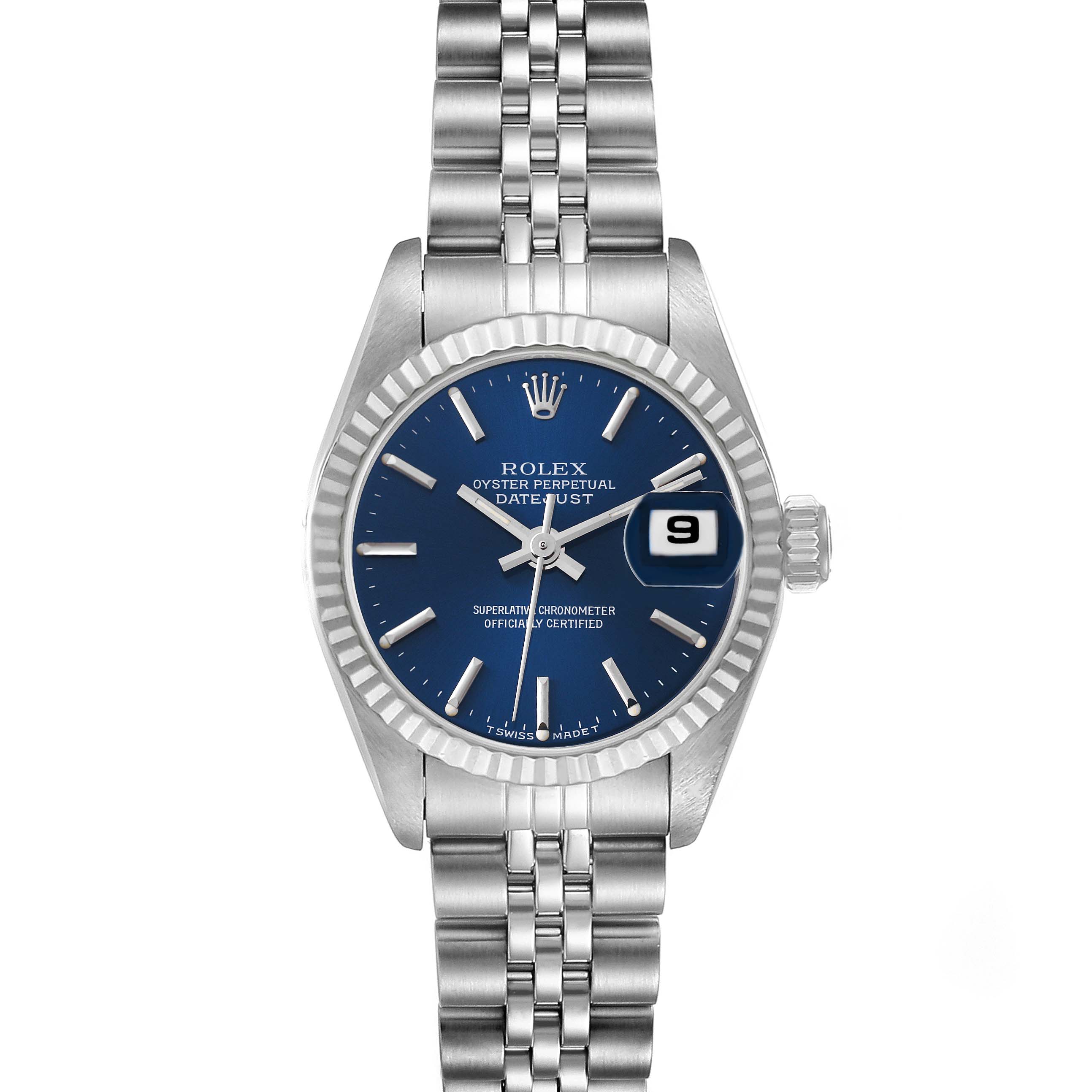 This is a front view of a Rolex Datejust 69174 Women's Stainless Steel Blue Dial 69174 Women's Stainless Steel Blue Dial watch showing the blue dial, date window, bezel, crown, and stainless steel bracelet.