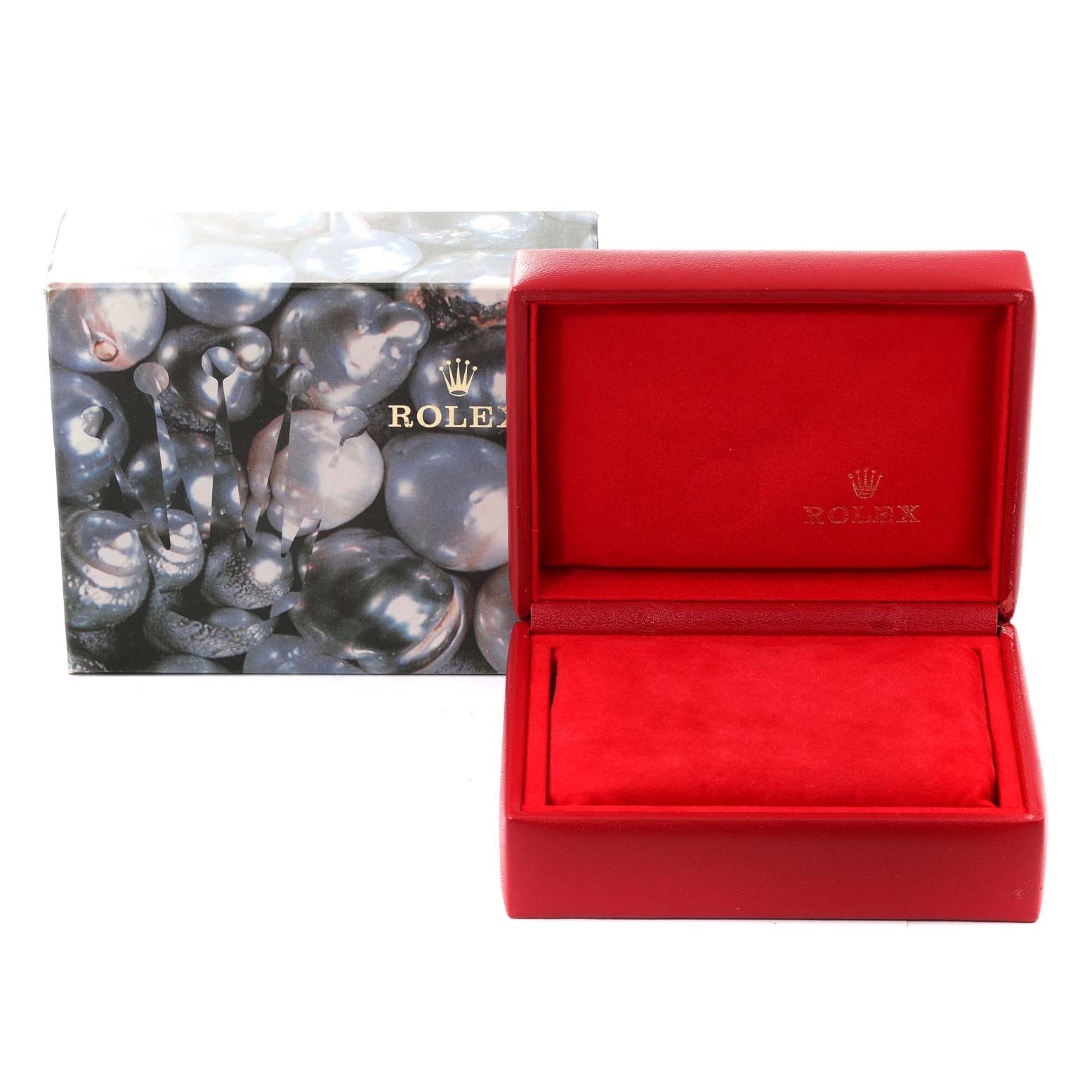 The image shows a Rolex Datejust 69174 Women's Stainless Steel Blue Dial 69174 Women's Stainless Steel Blue Dial watch box and cushion with an outer box featuring a pearl-like design.