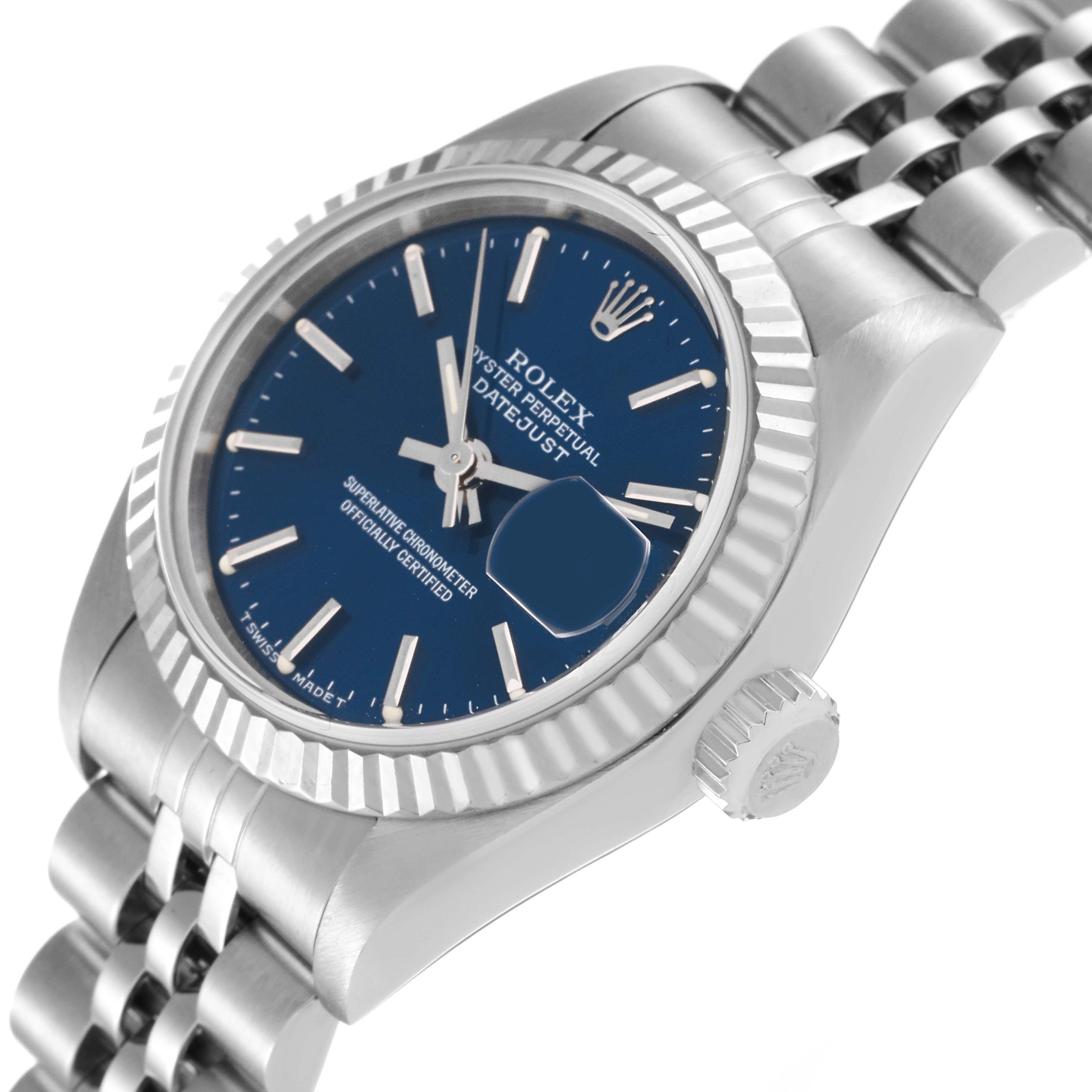 This image shows the Rolex Datejust 69174 Women's Stainless Steel Blue Dial 69174 Women's Stainless Steel Blue Dial watch at a slight angle, highlighting the dial, fluted bezel, crown, and part of the bracelet.