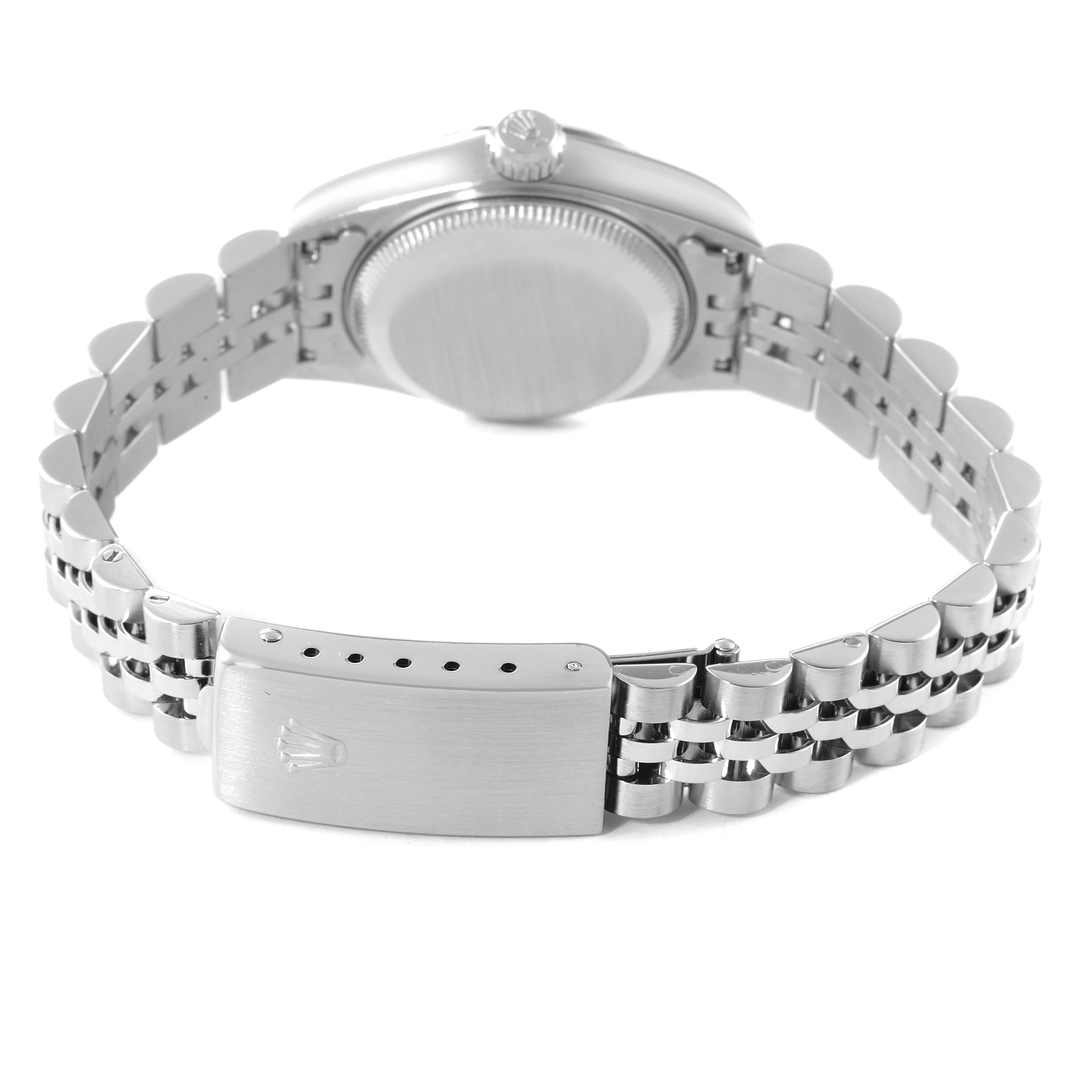 This image shows a rear view of the Rolex Datejust 69174 Women's Stainless Steel Blue Dial 69174 Women's Stainless Steel Blue Dial watch, highlighting its bracelet and closed clasp.