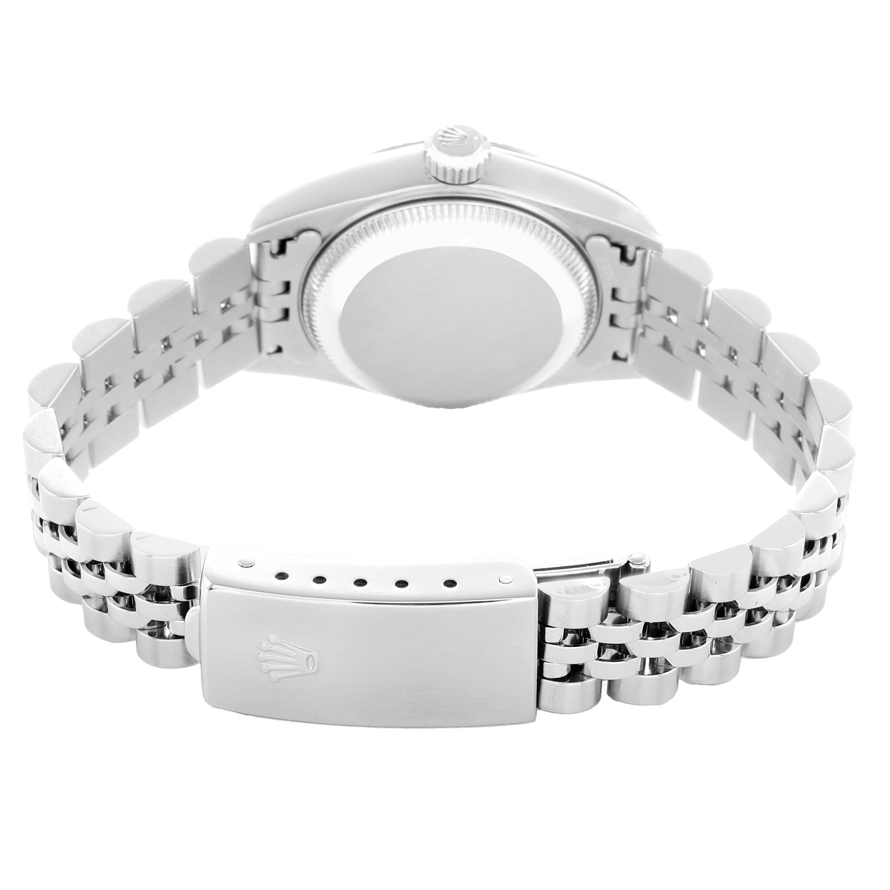 The image shows the back of the Rolex Datejust 79174 Women
s Stainless Steel Pink Dial watch, focusing on the case, crown, and jubilee bracelet with clasp.