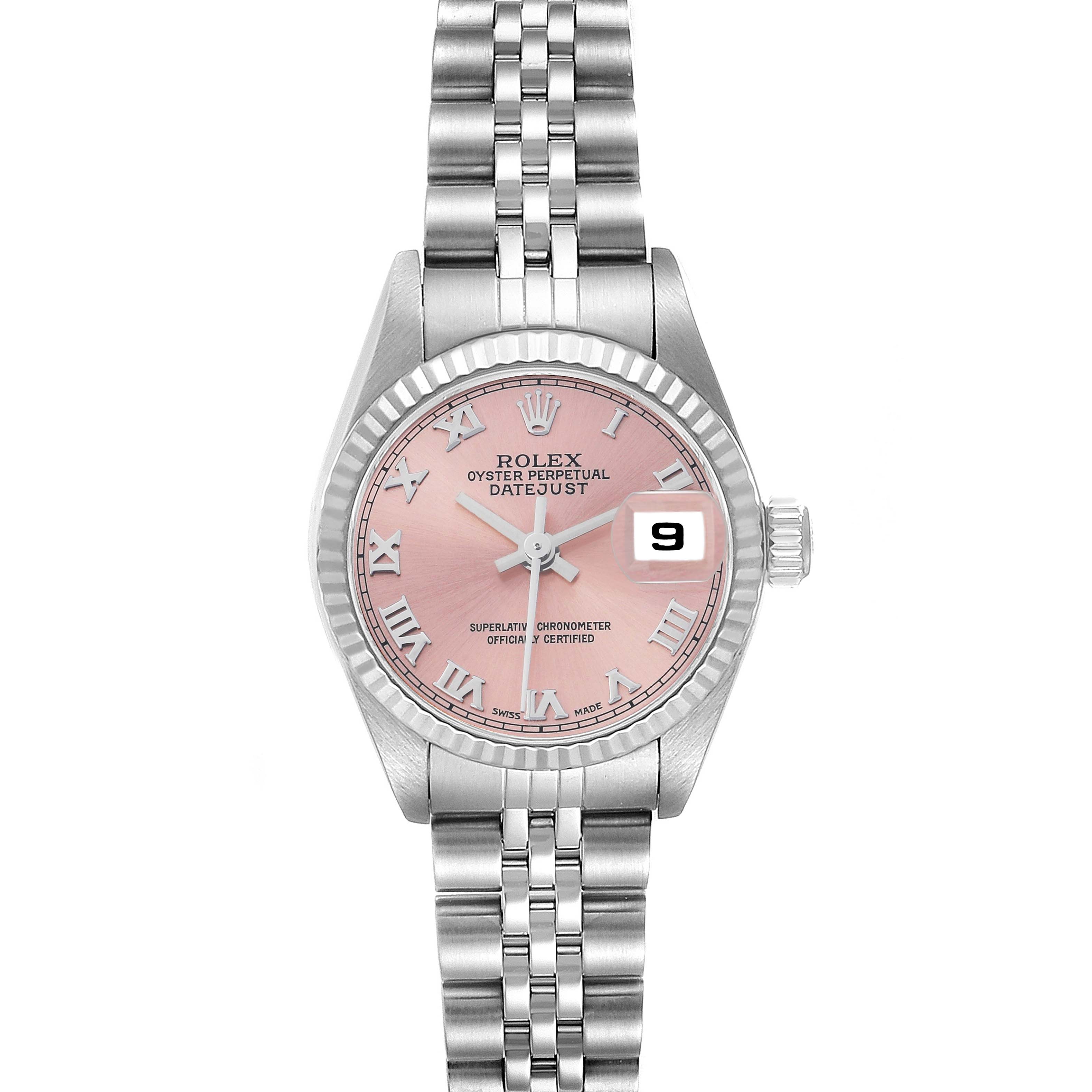 The Rolex Datejust 79174 Women
s Stainless Steel Pink Dial watch is shown from a straight front angle, displaying its pink dial, fluted bezel, and Jubilee bracelet.