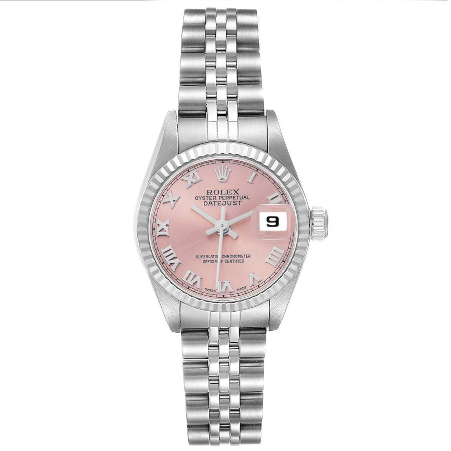 The Rolex Datejust 79174 Women's Stainless Steel Pink Dial watch is shown from a top-down angle, displaying the pink dial, Roman numerals, bracelet, and bezel.